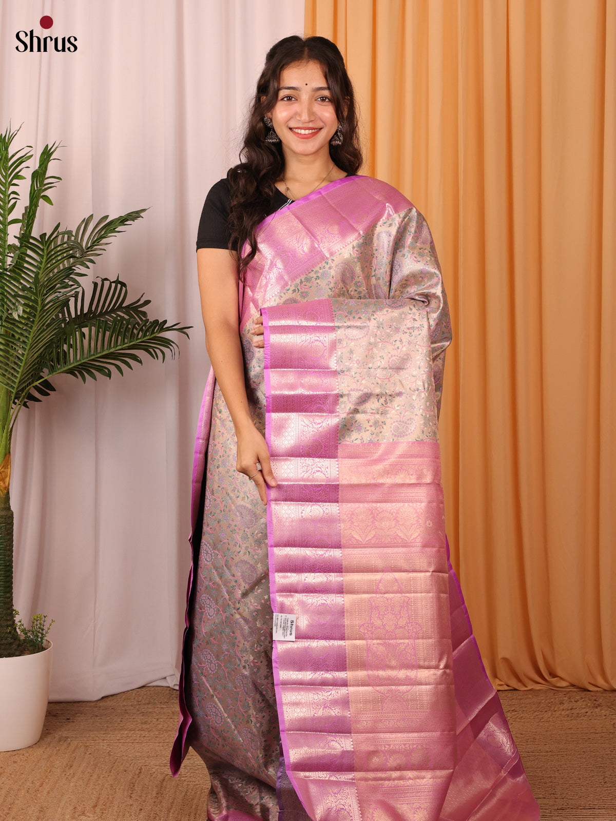 Beige & Purple - Kanchipuram-halfpure Saree