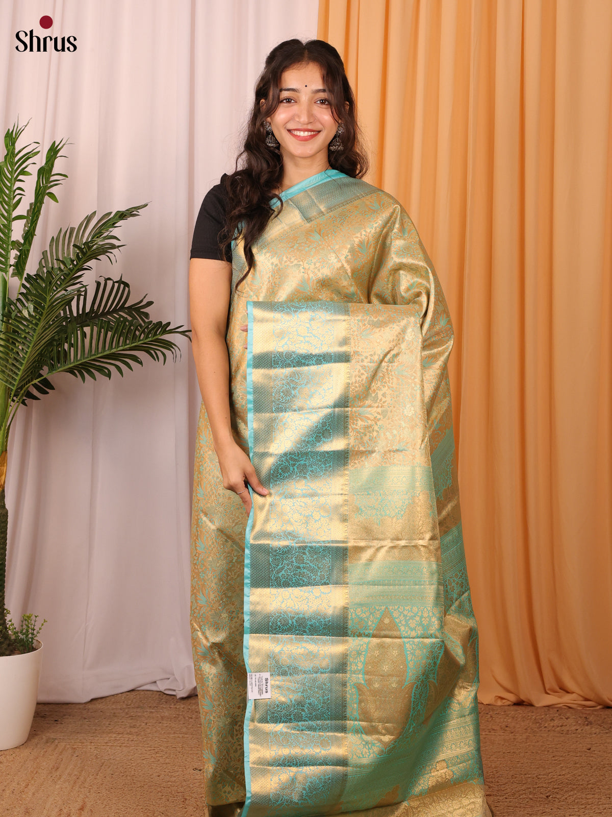 Gold & Turquoise - Kanchipuram-halfpure Saree