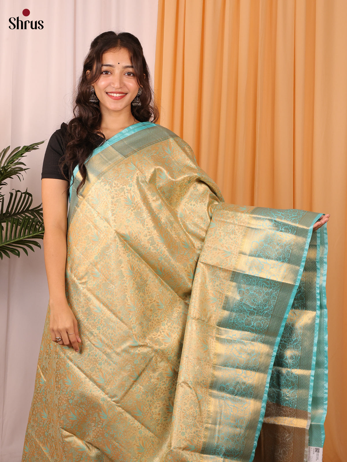 Gold & Turquoise - Kanchipuram-halfpure Saree