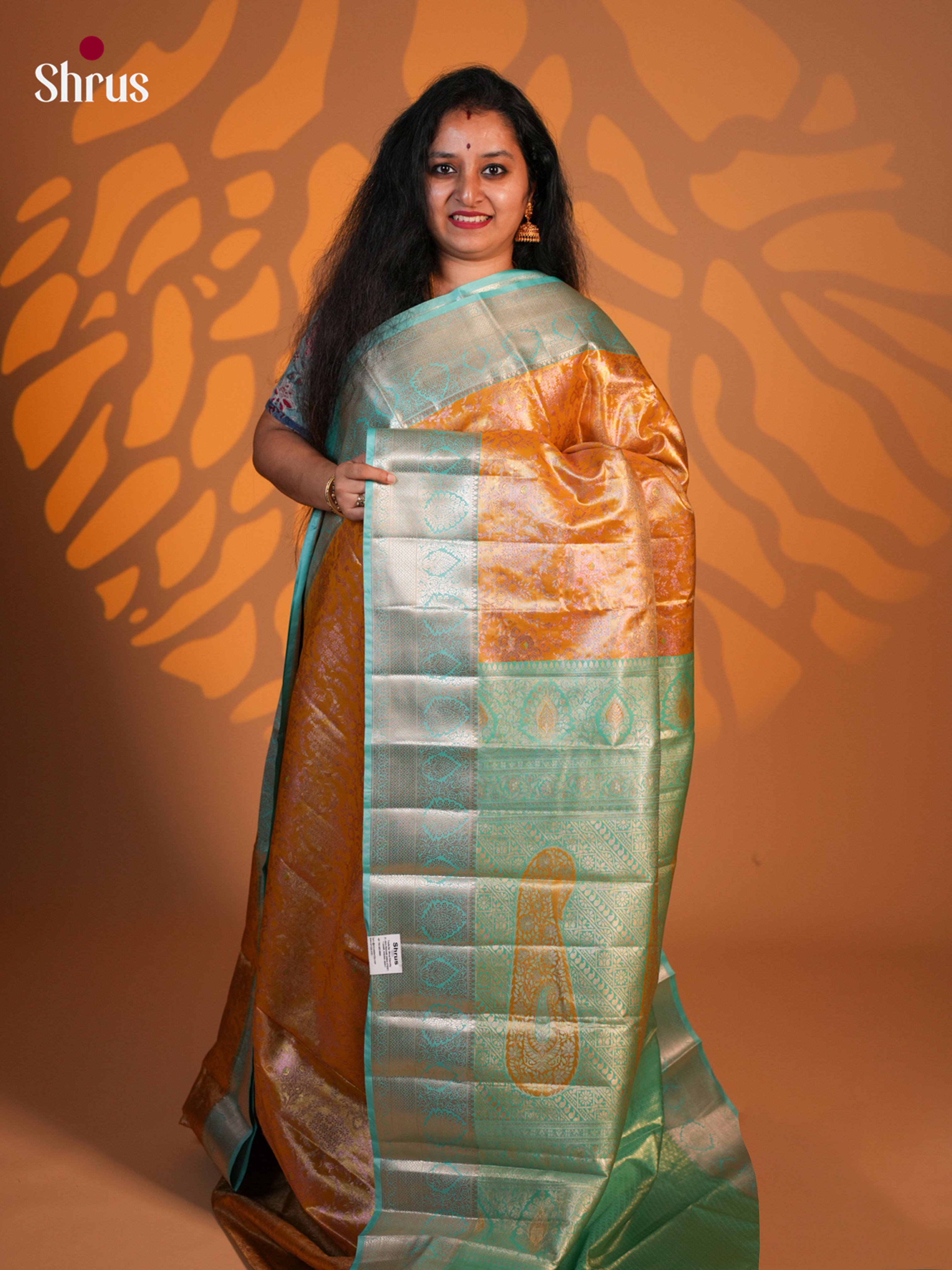 Orange &  Green - Kanchipuram-halfpure Saree