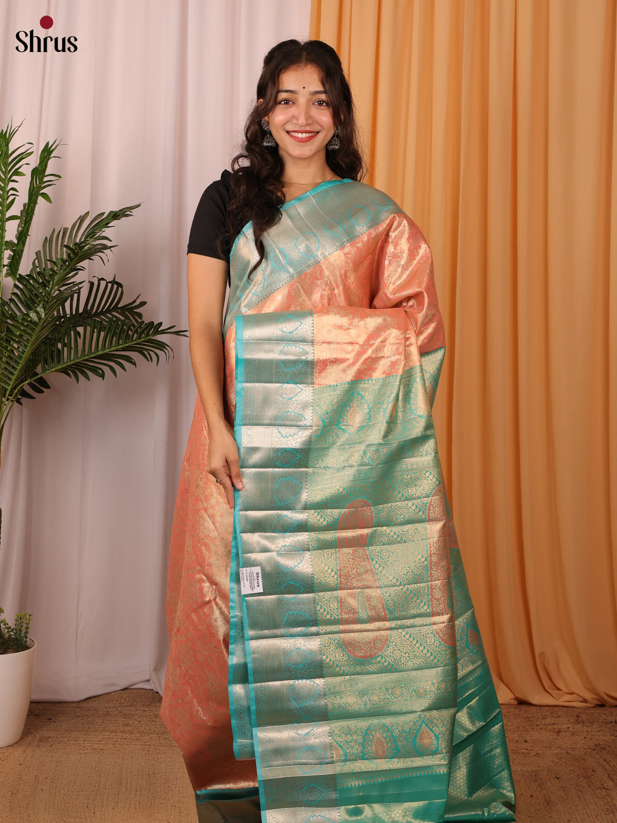 Peach & Teal - Kanchipuram-halfpure Saree