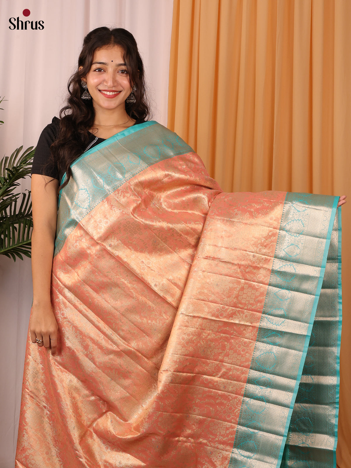 Peach & Teal - Kanchipuram-halfpure Saree