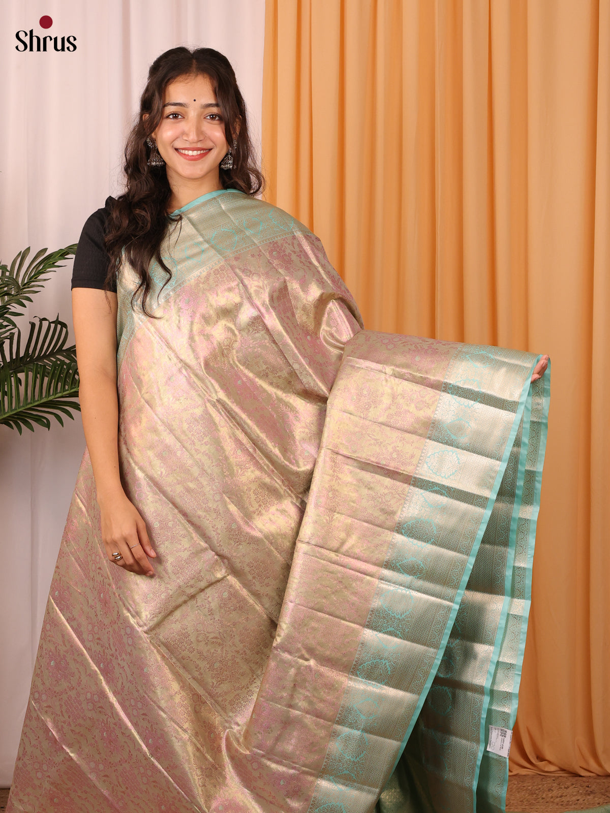 Golden-Beige & Turquoise - Kanchipuram-halfpure Saree