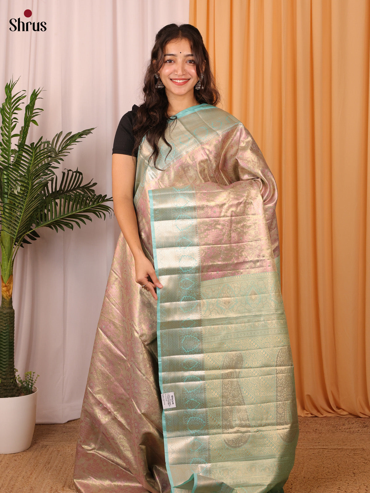 Golden-Beige & Turquoise - Kanchipuram-halfpure Saree