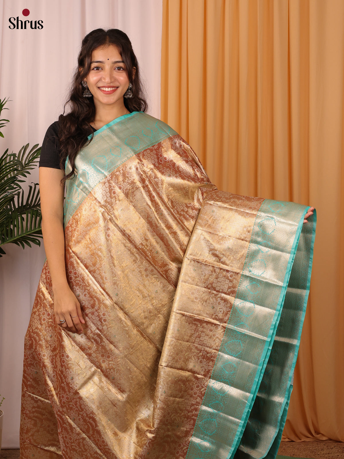 Golden Brown & Turquoise - Kanchipuram-halfpure Saree