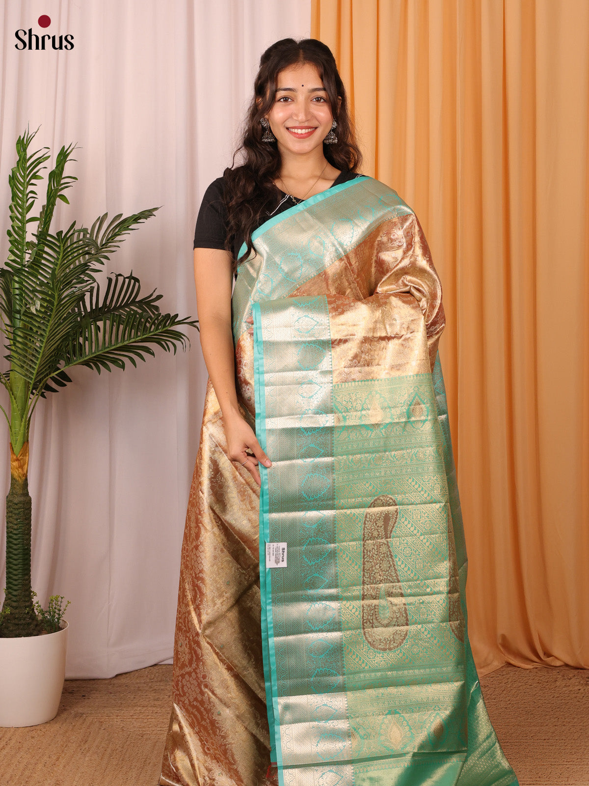 Golden Brown & Turquoise - Kanchipuram-halfpure Saree