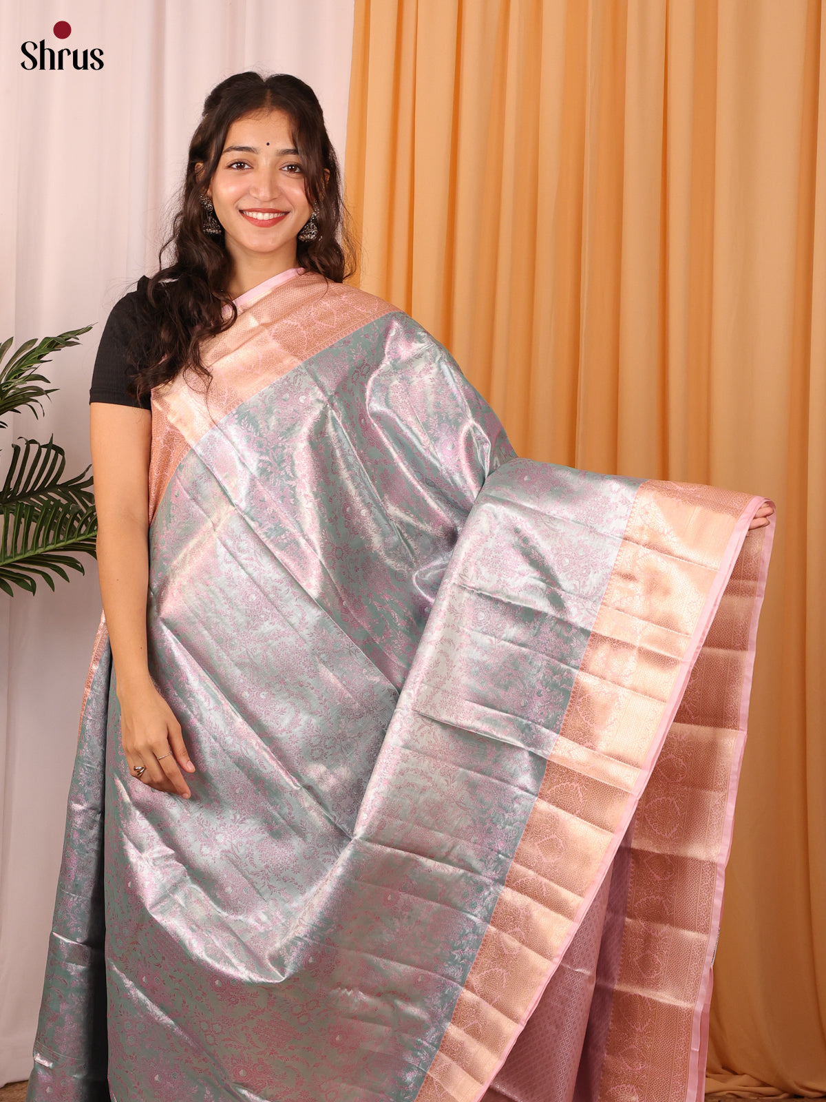 Pastel blue & Pink - Kanchipuram-halfpure Saree