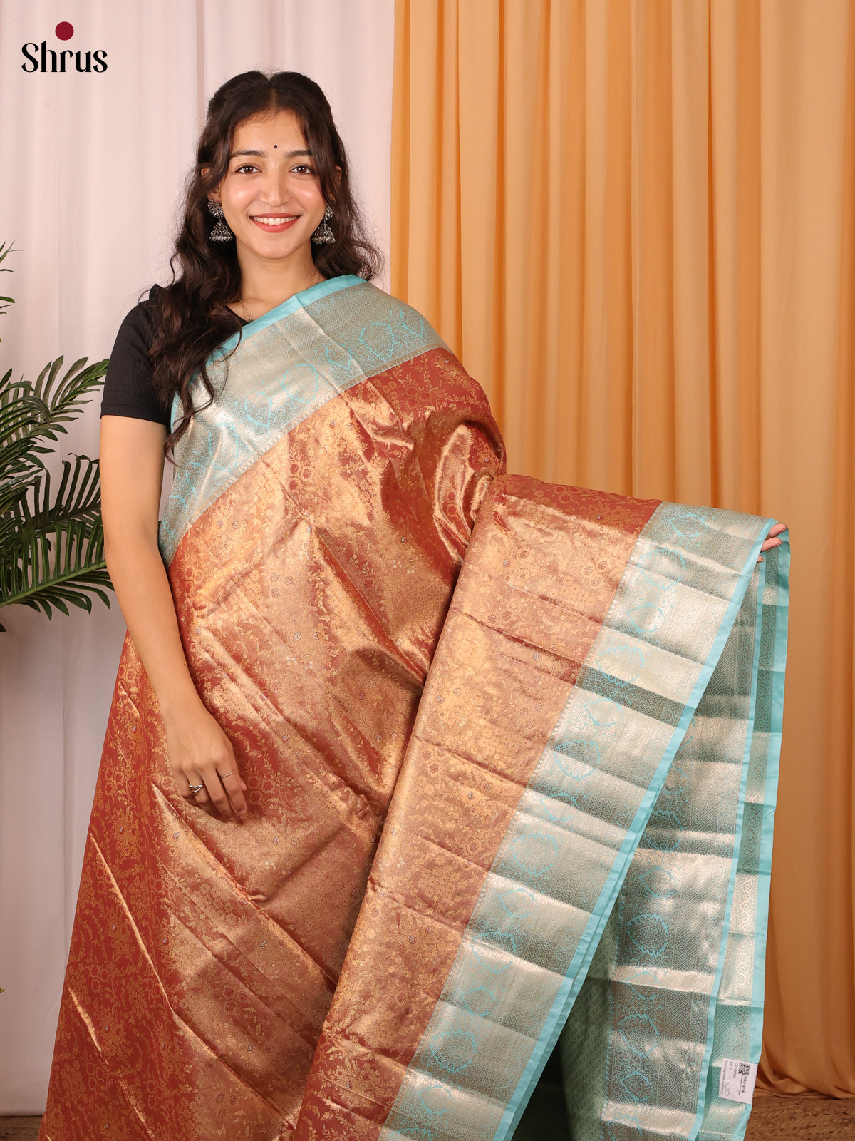 Golden brown & blue - Kanchipuram-halfpure Saree