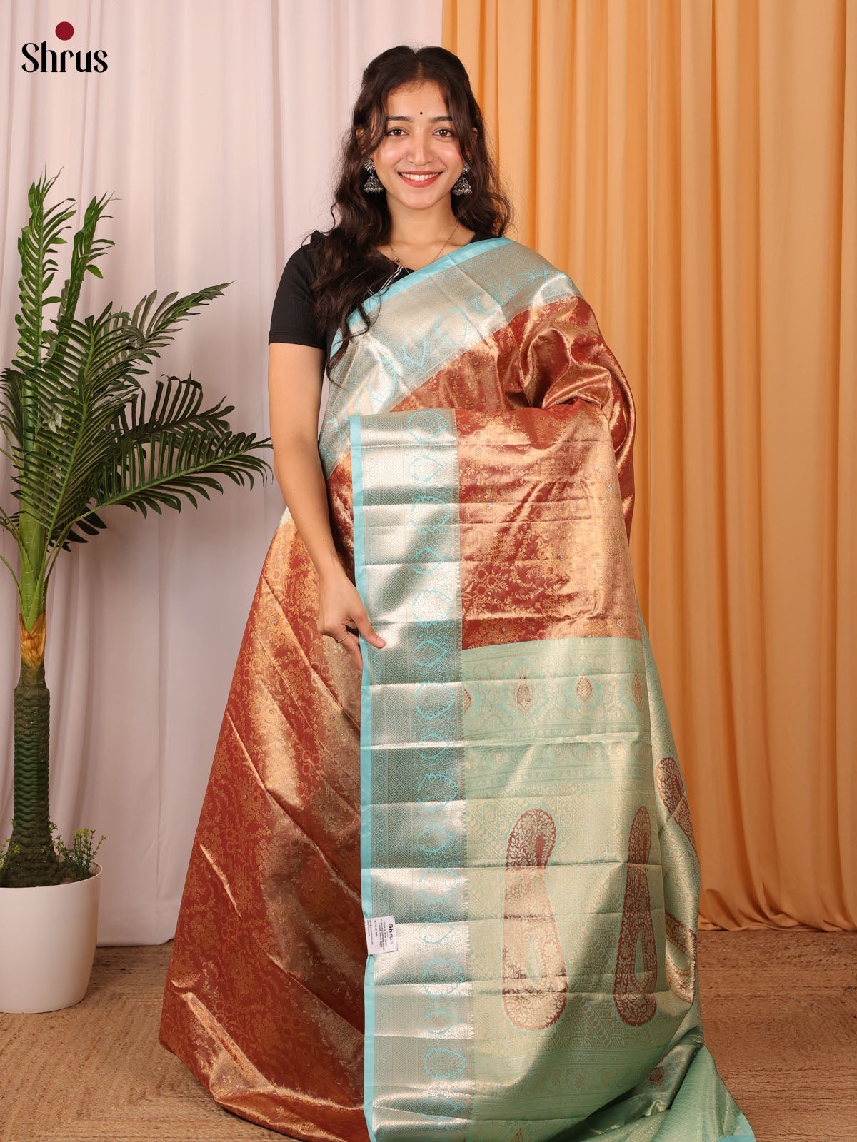 Golden brown & blue - Kanchipuram-halfpure Saree