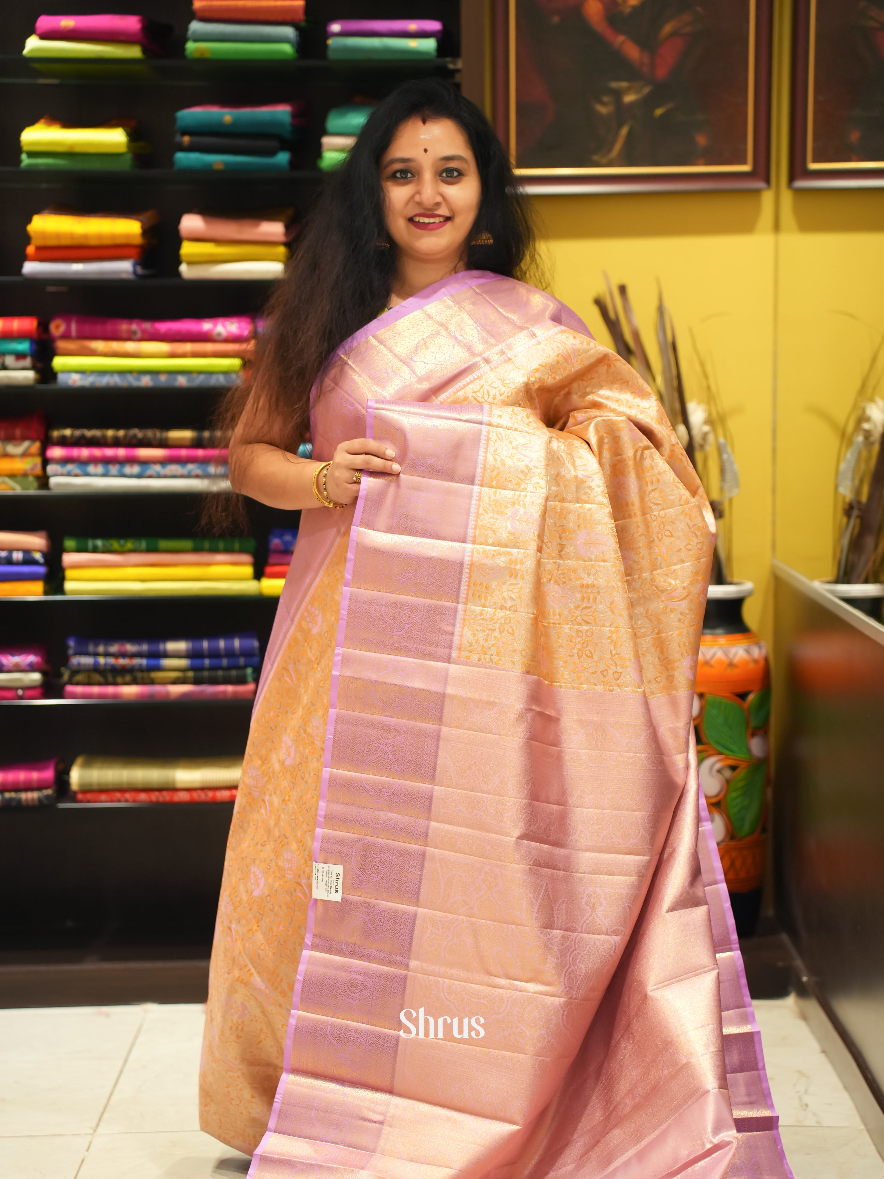 Goldish Orange & Purple - Kanchipuram-halfpure Saree