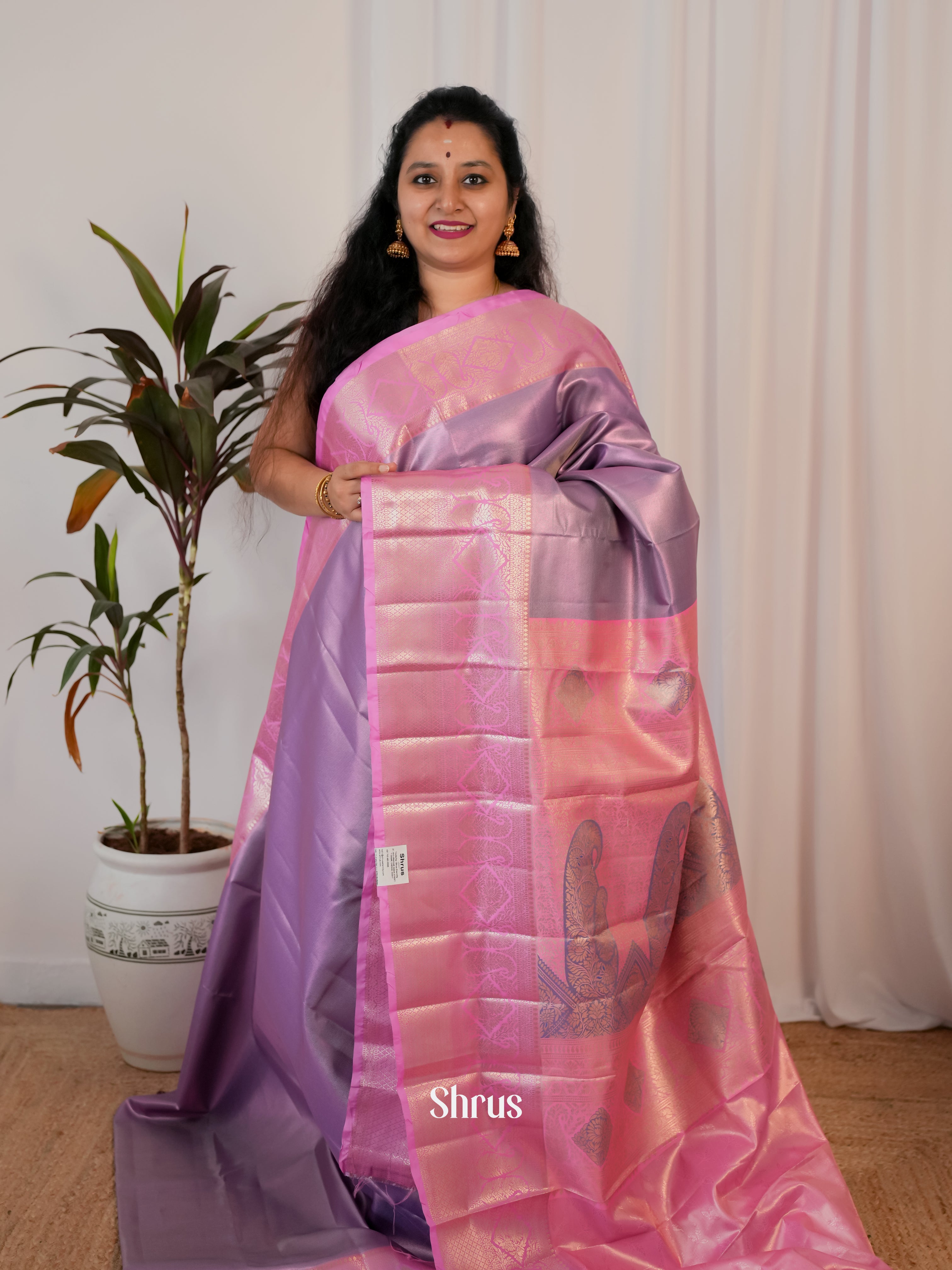 Purple  & Pink - Kanchipuram-halfpure Saree