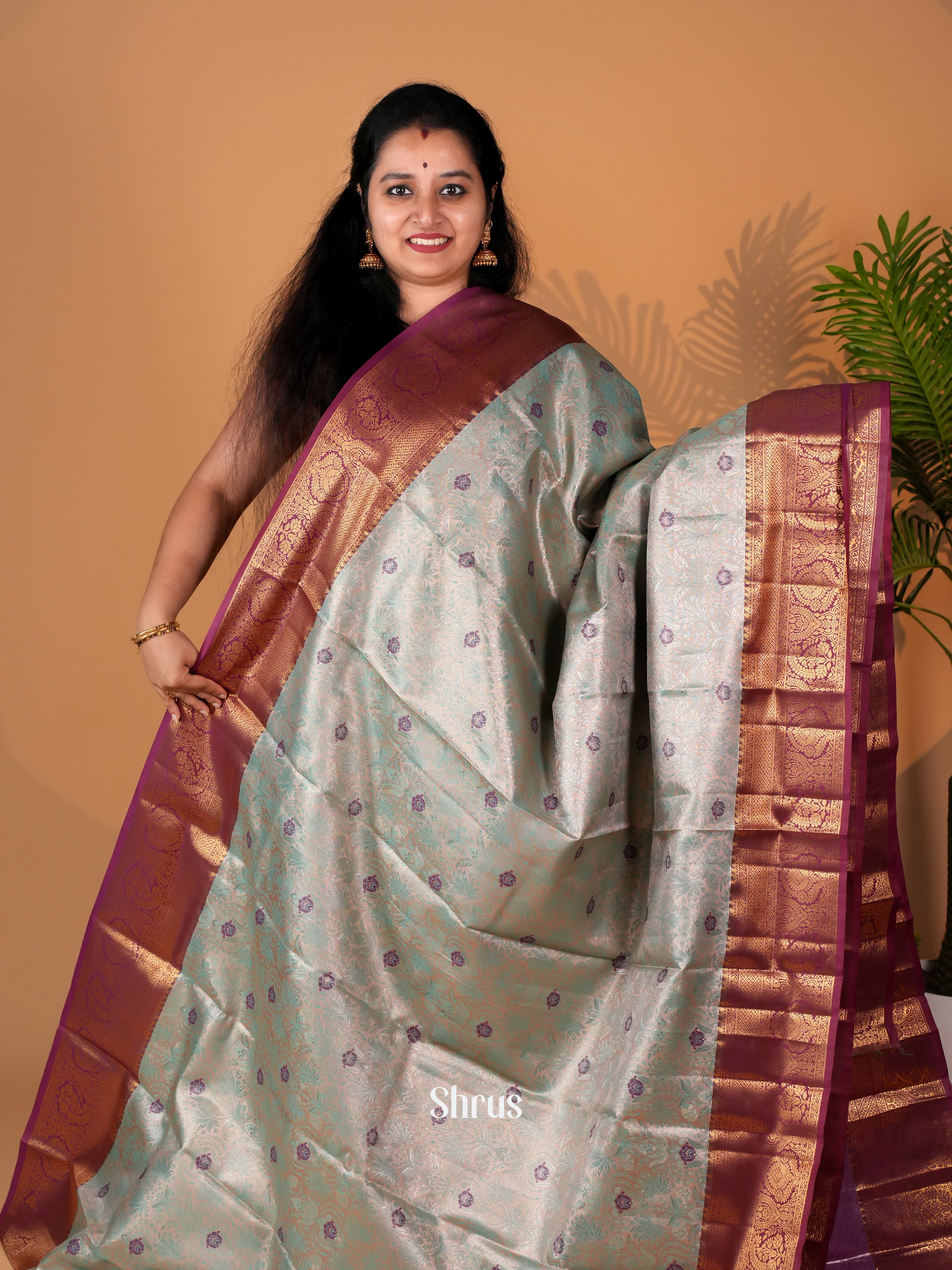 Blue  & Maroon - Kanchipuram-halfpure Saree