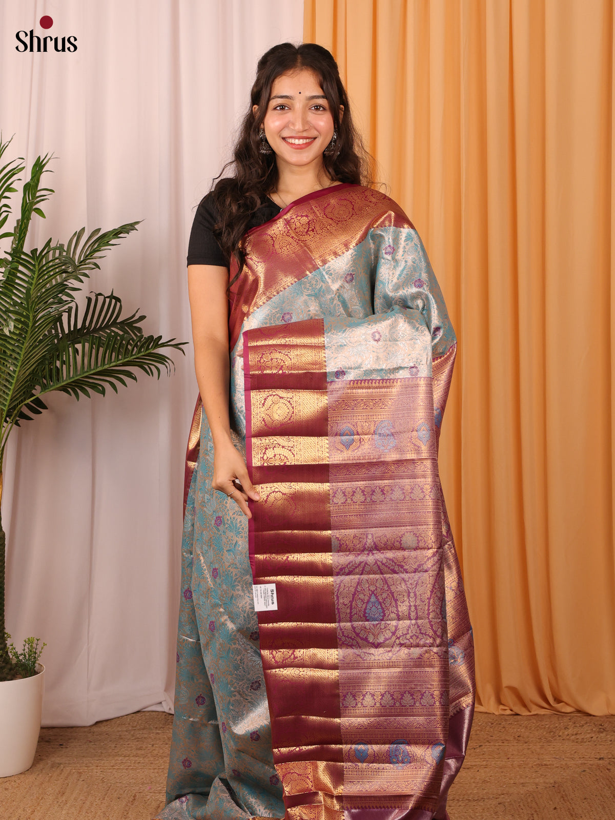 Blue & Maroon - Kanchipuram-halfpure Saree