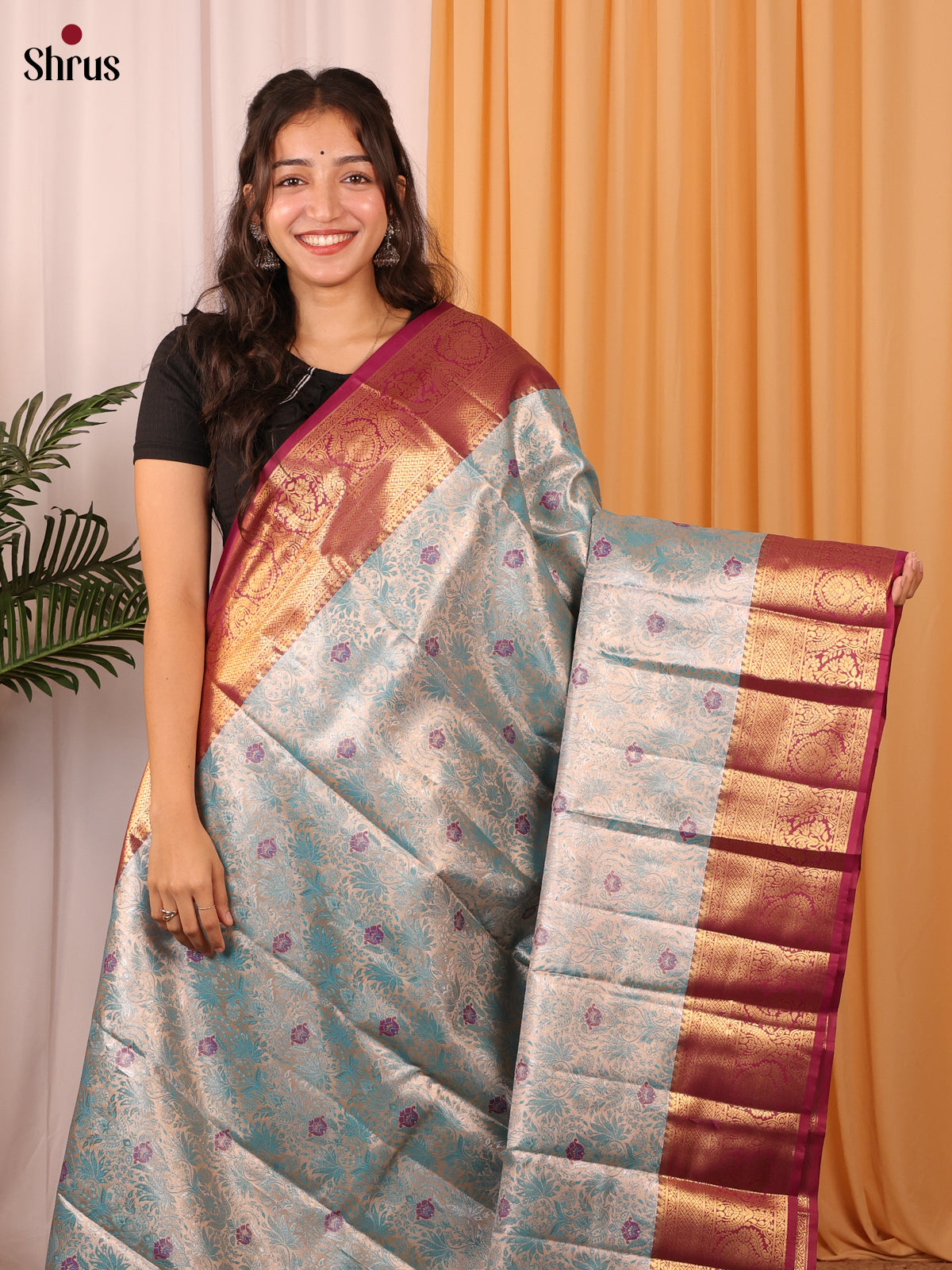 Blue & Maroon - Kanchipuram-halfpure Saree