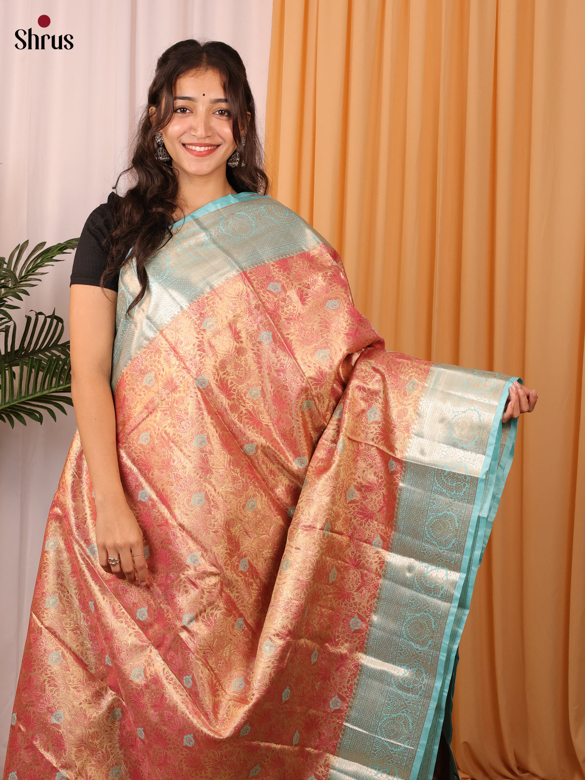 Golden Orange & Green - Kanchipuram-halfpure Saree