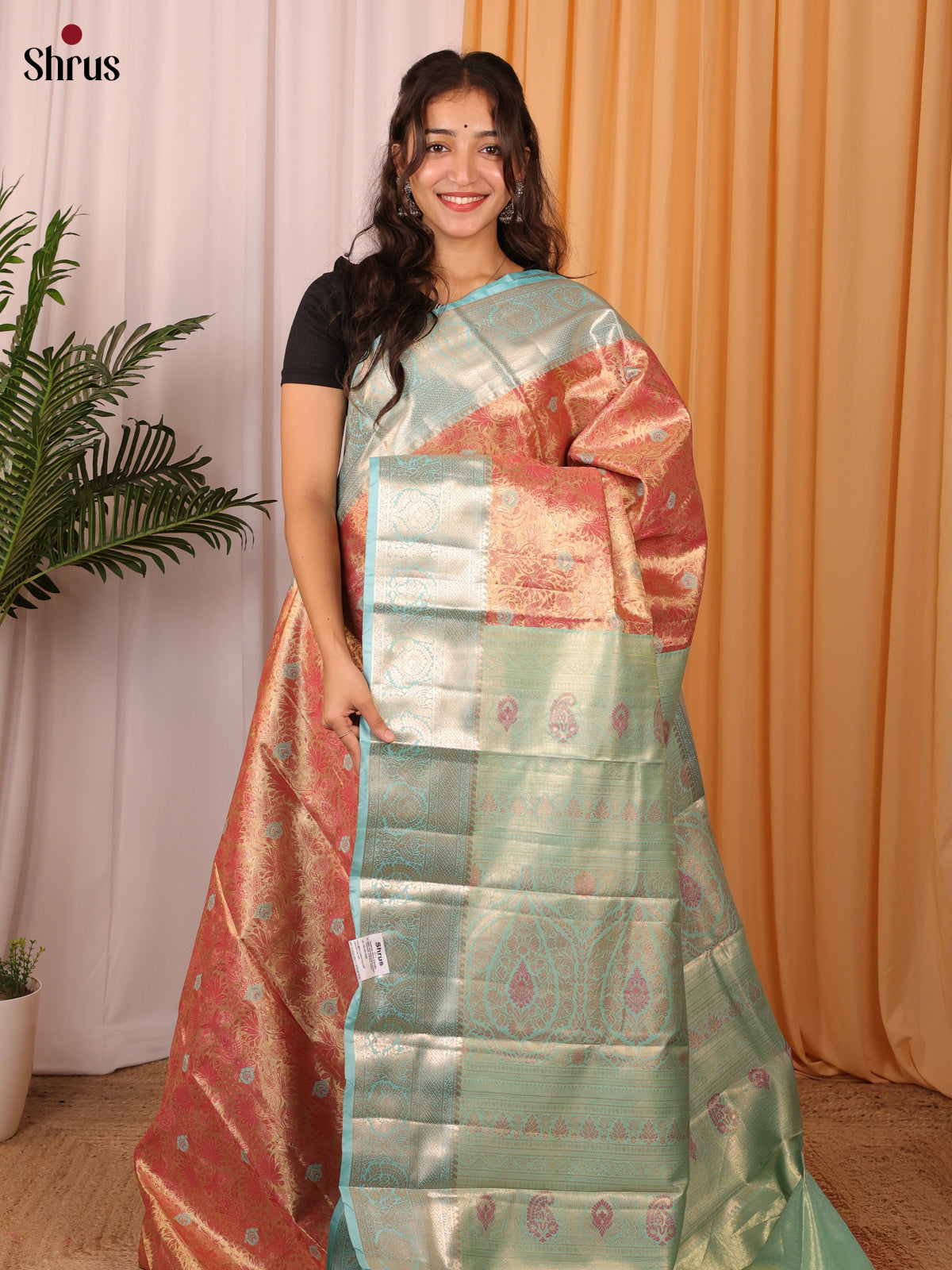 Golden Orange & Green - Kanchipuram-halfpure Saree