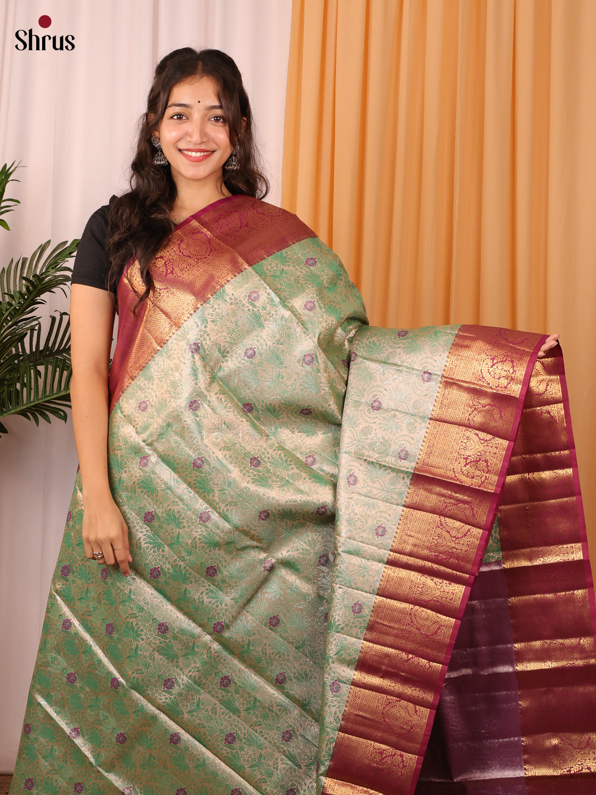 Green & Maroon - Kanchipuram-halfpure Saree