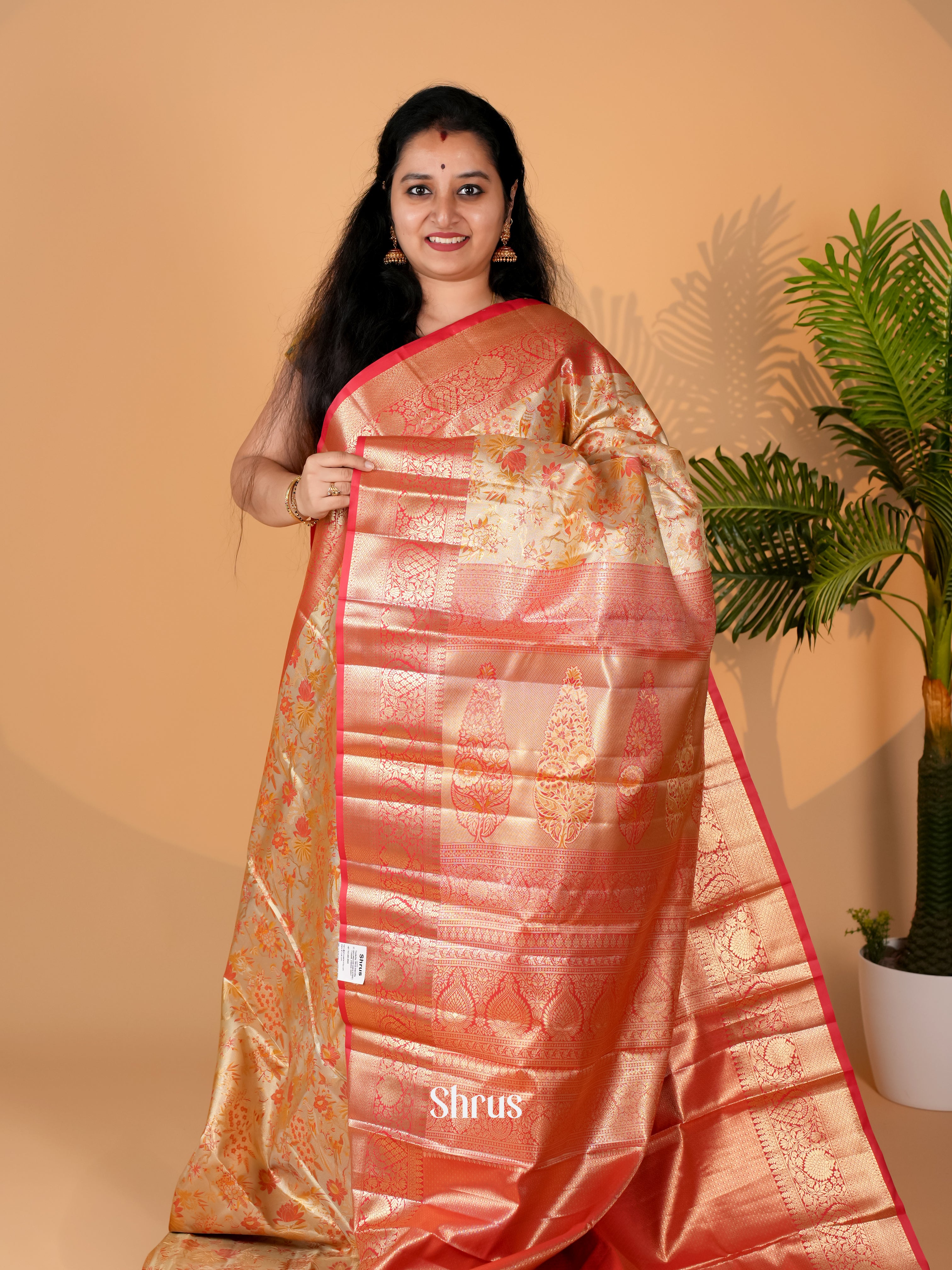 Dull Gold & Red - Kanchipuram-halfpure Saree