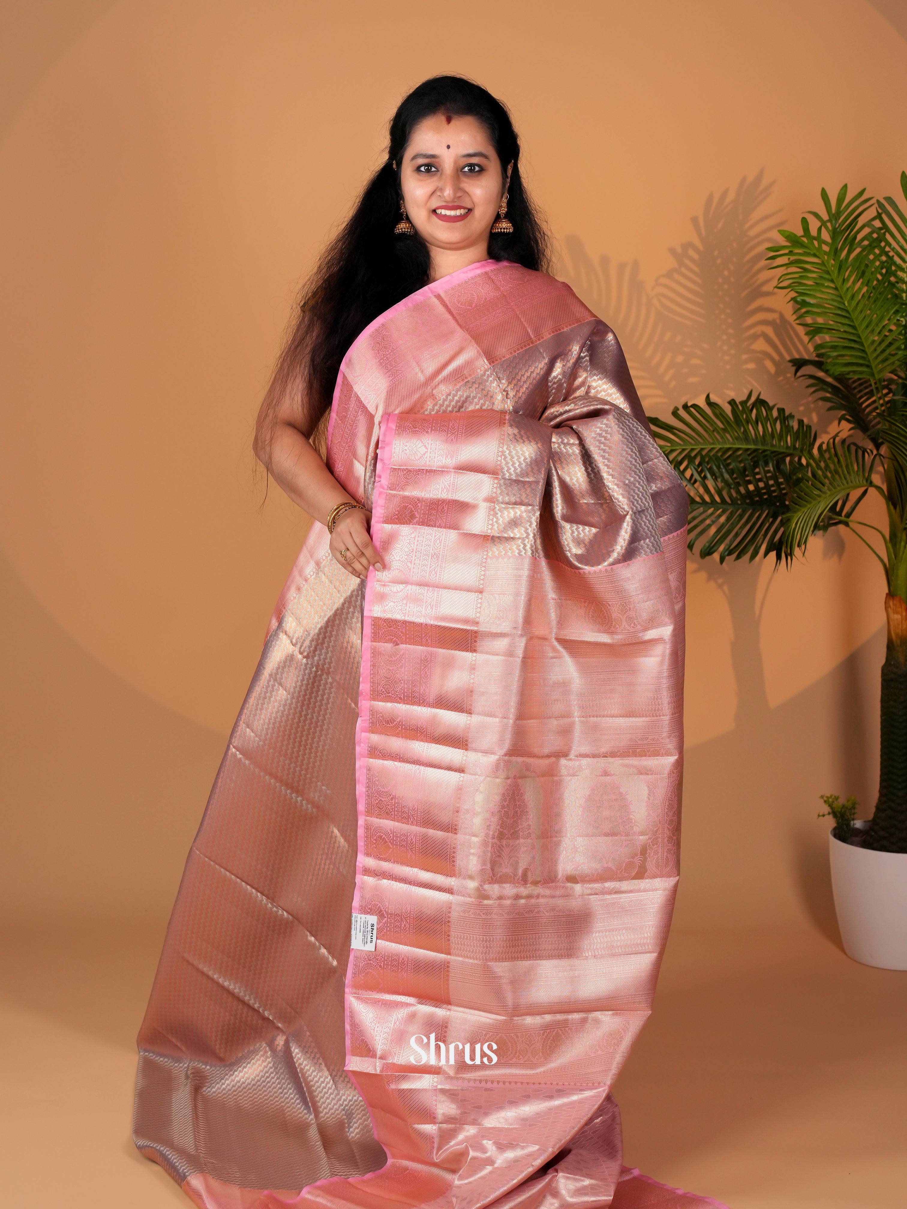 Brown & Pink - Kanchipuram-halfpure Saree