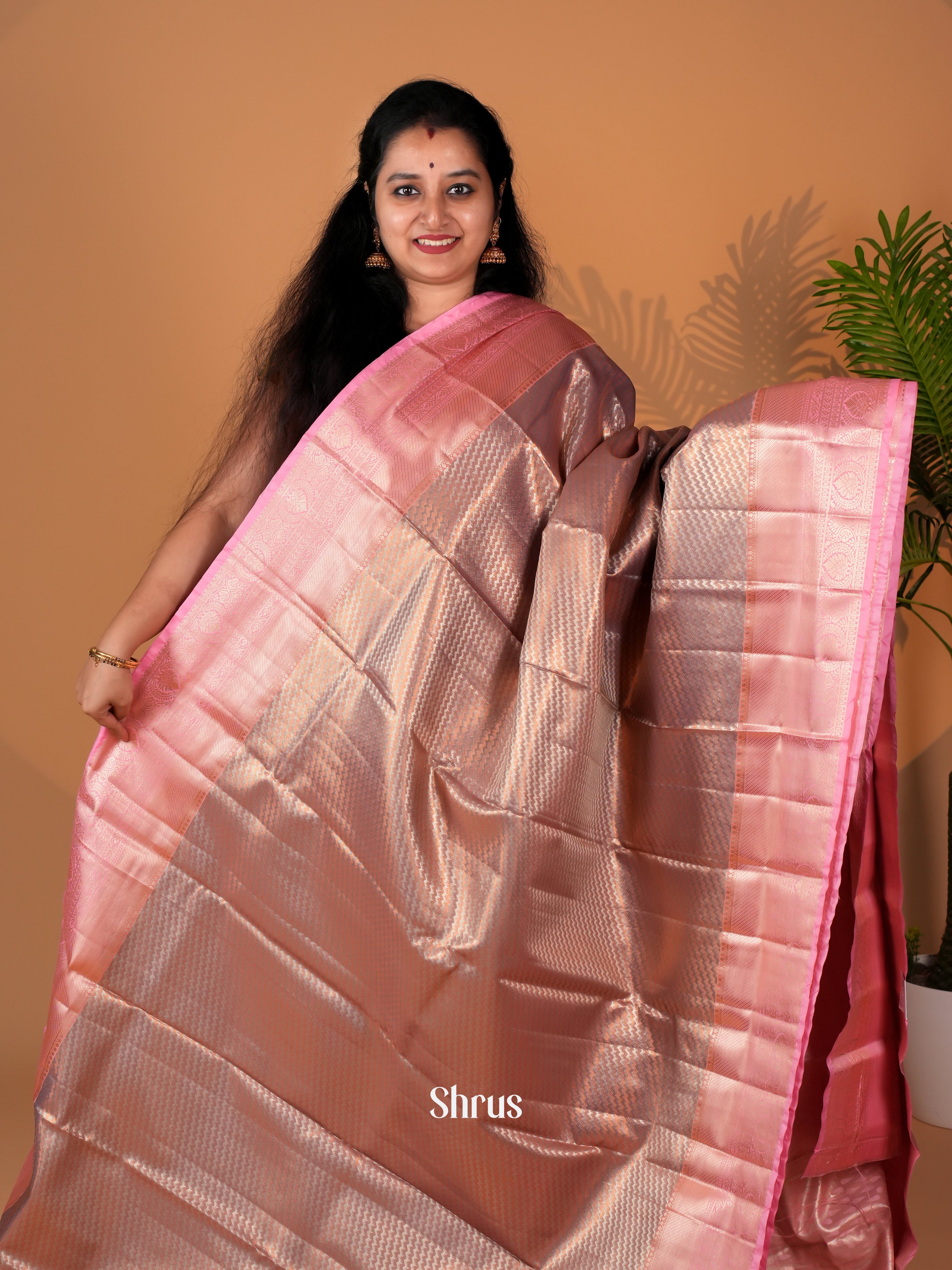 Brown & Pink - Kanchipuram-halfpure Saree