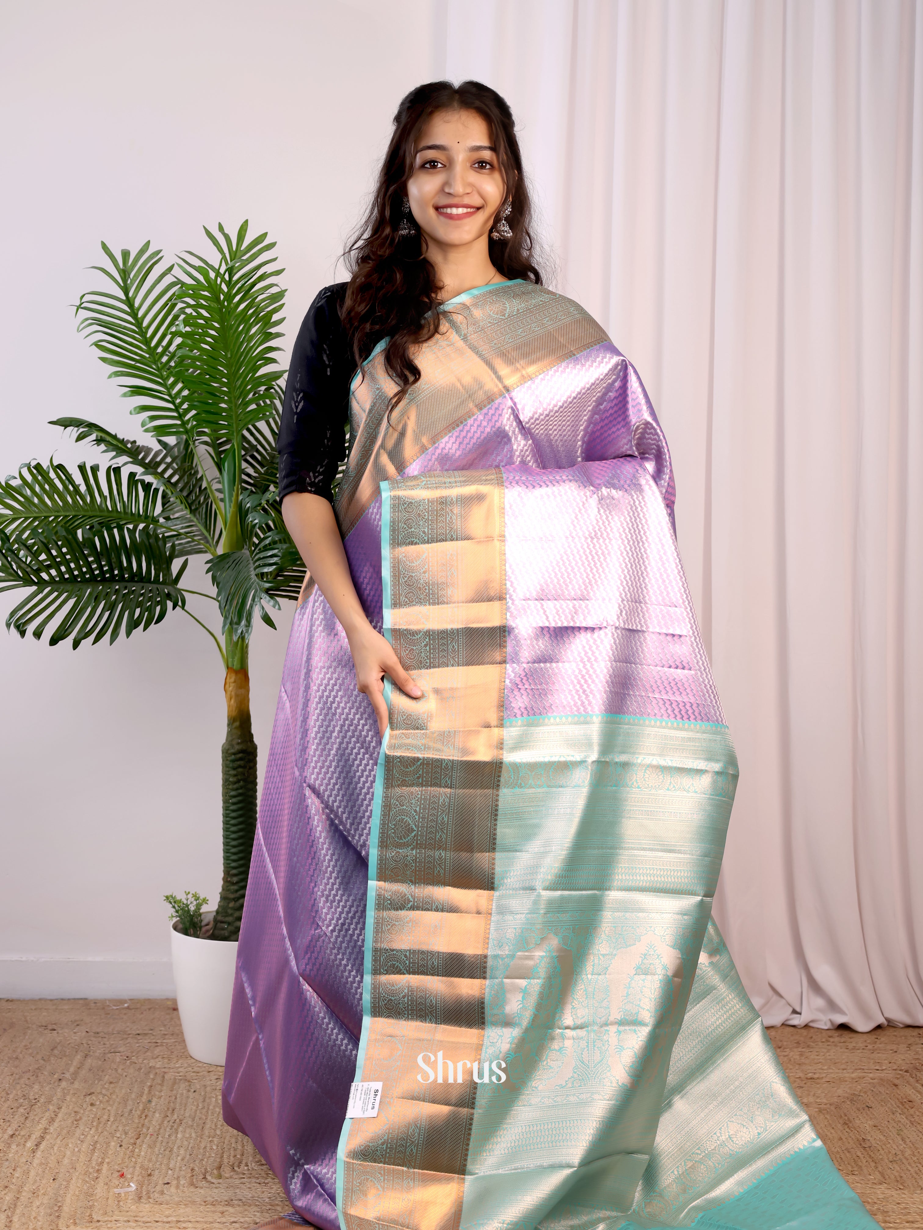 Purple & Teal - Kanchipuram-halfpure Saree