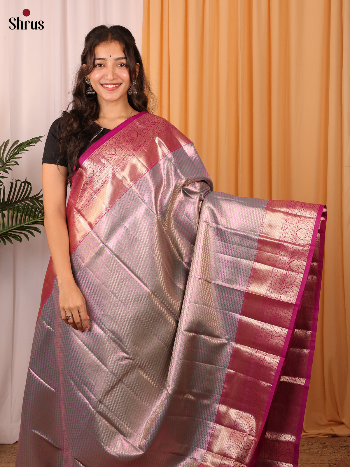 Pink & Grey - Kanchipuram-halfpure Saree