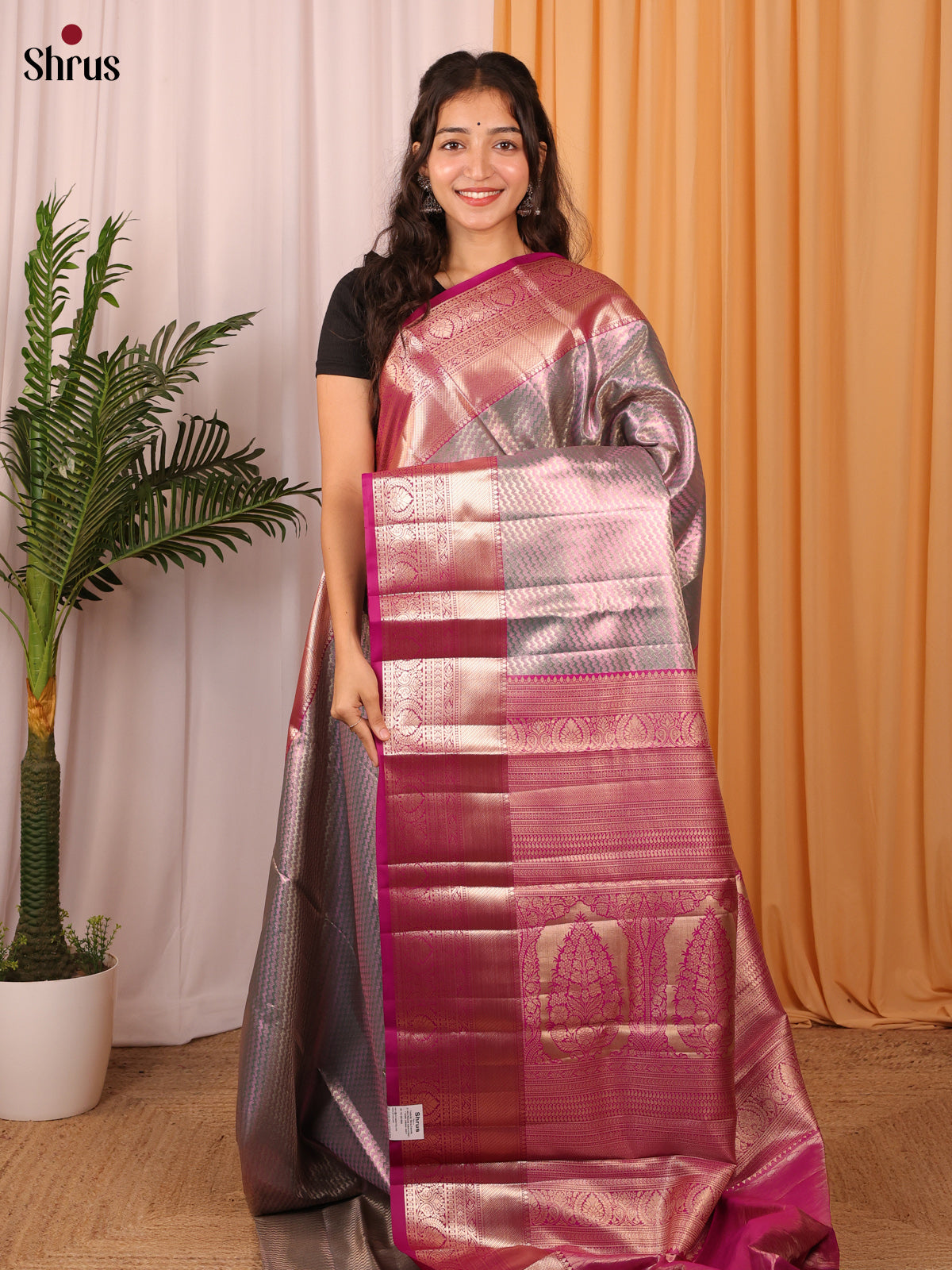 Pink & Grey - Kanchipuram-halfpure Saree