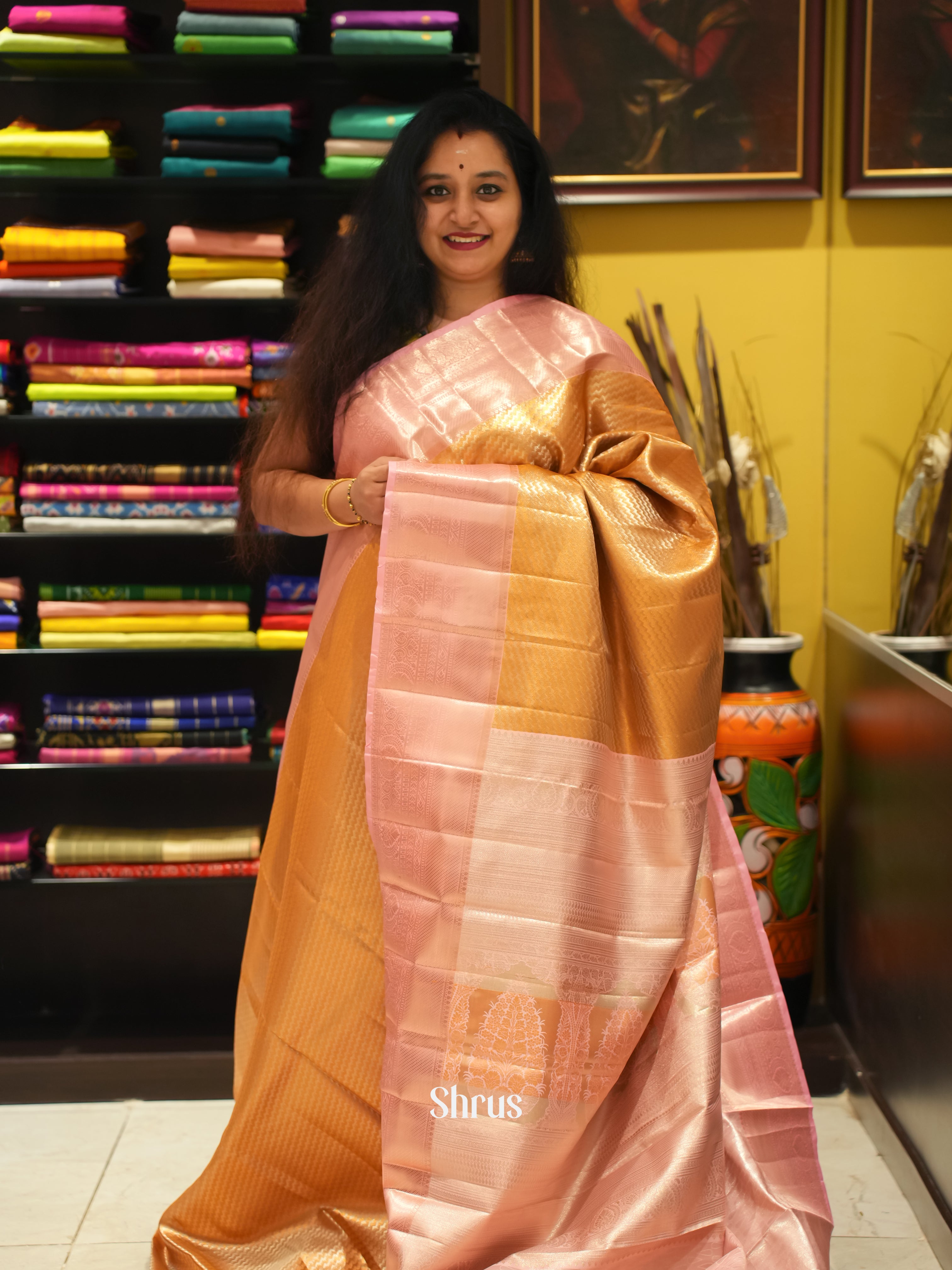 Brown & Pink - Kanchipuram-halfpure Saree