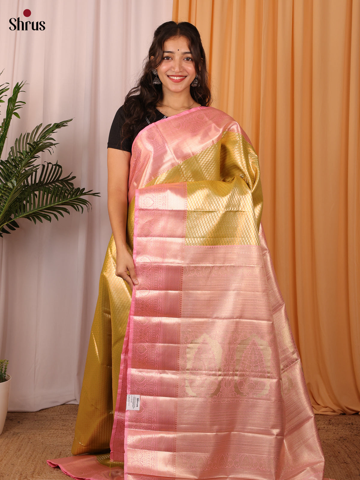 Mustard & Pink - Kanchipuram-halfpure Saree