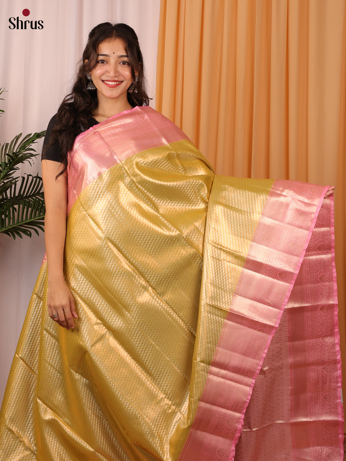 Mustard & Pink - Kanchipuram-halfpure Saree