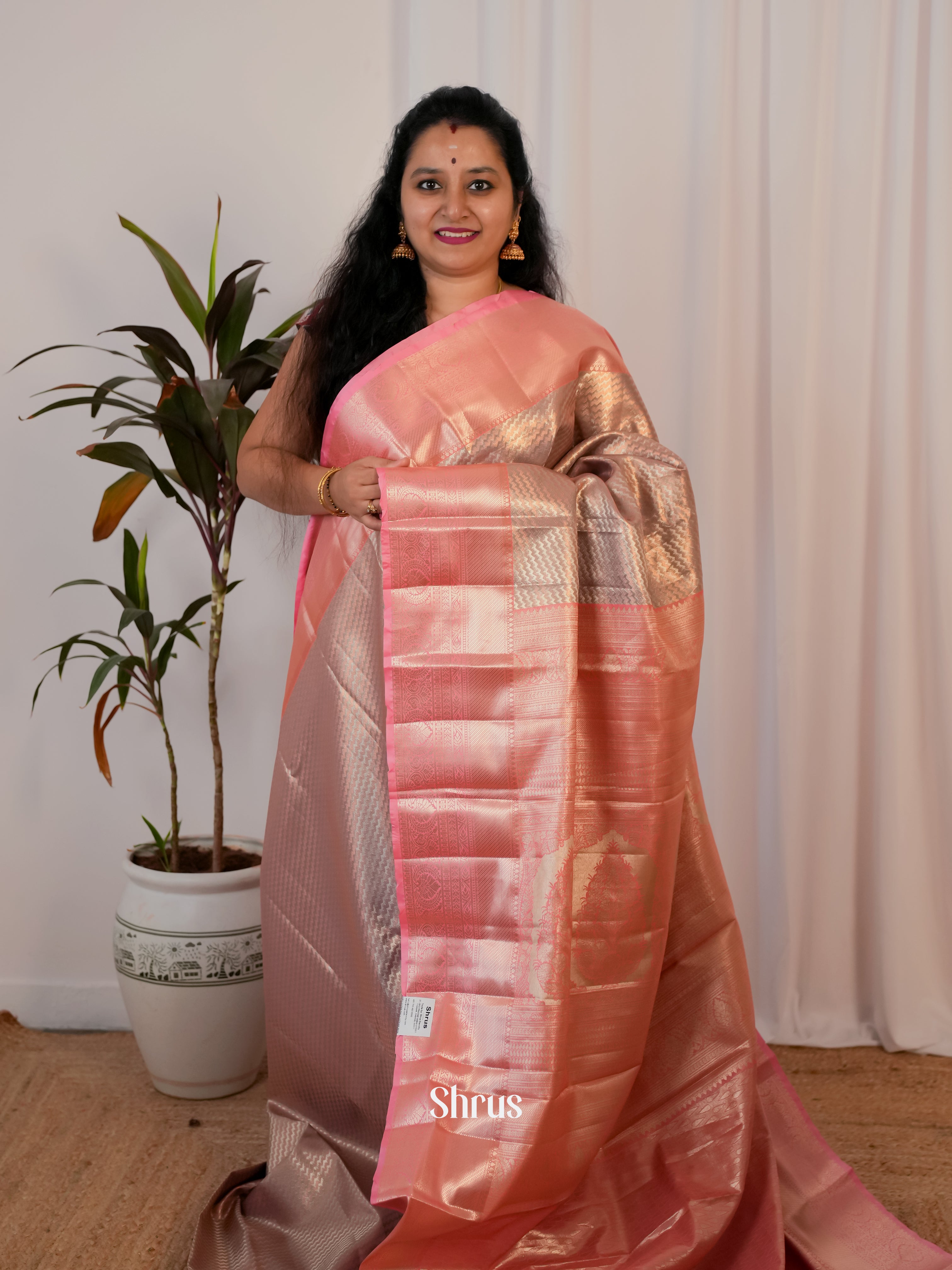 Grey & Pink - Kanchipuram-halfpure Saree