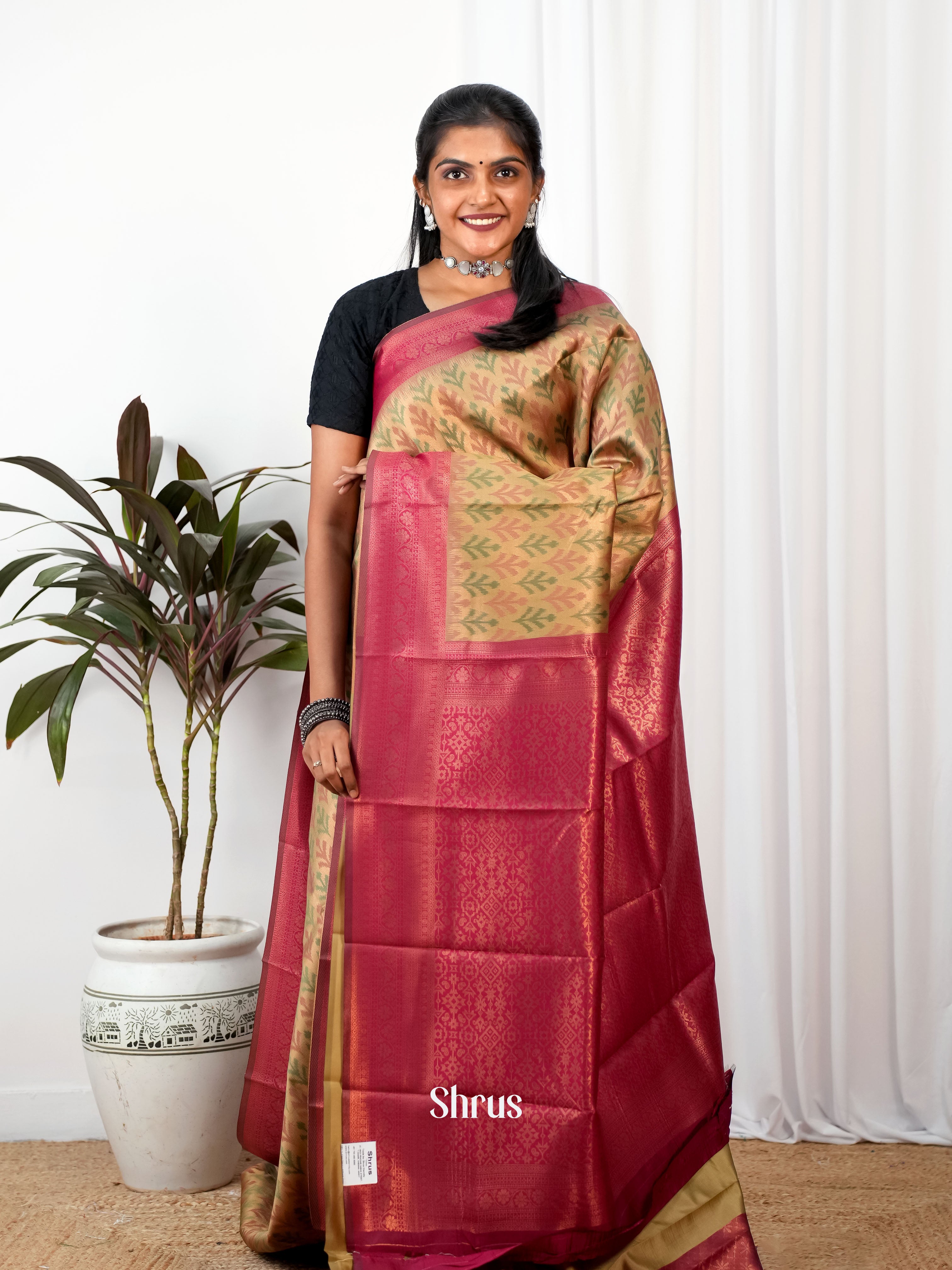 Beige  & Maroon- Semi Arani Silk