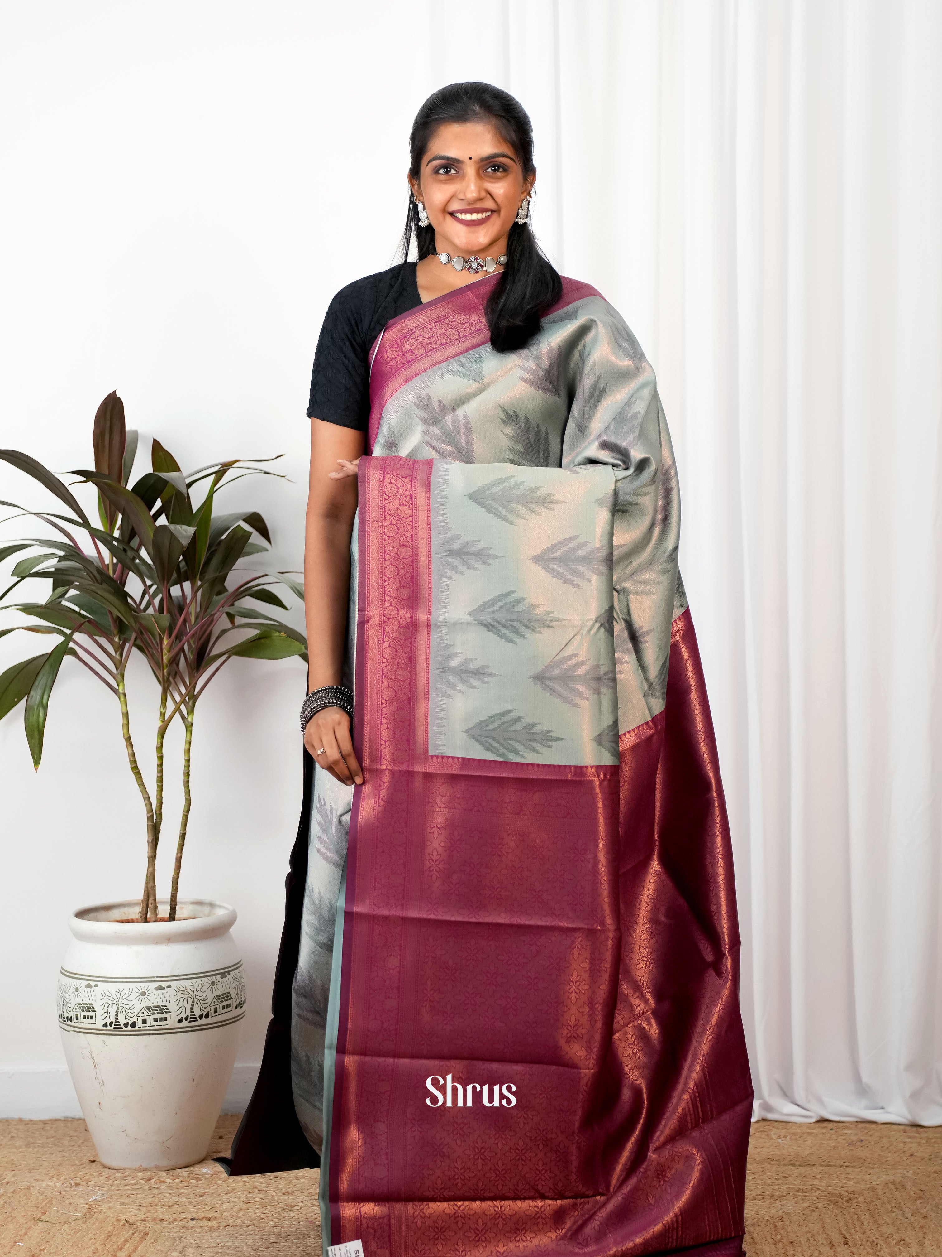 Grey & Maroon - Semi Arani Silk