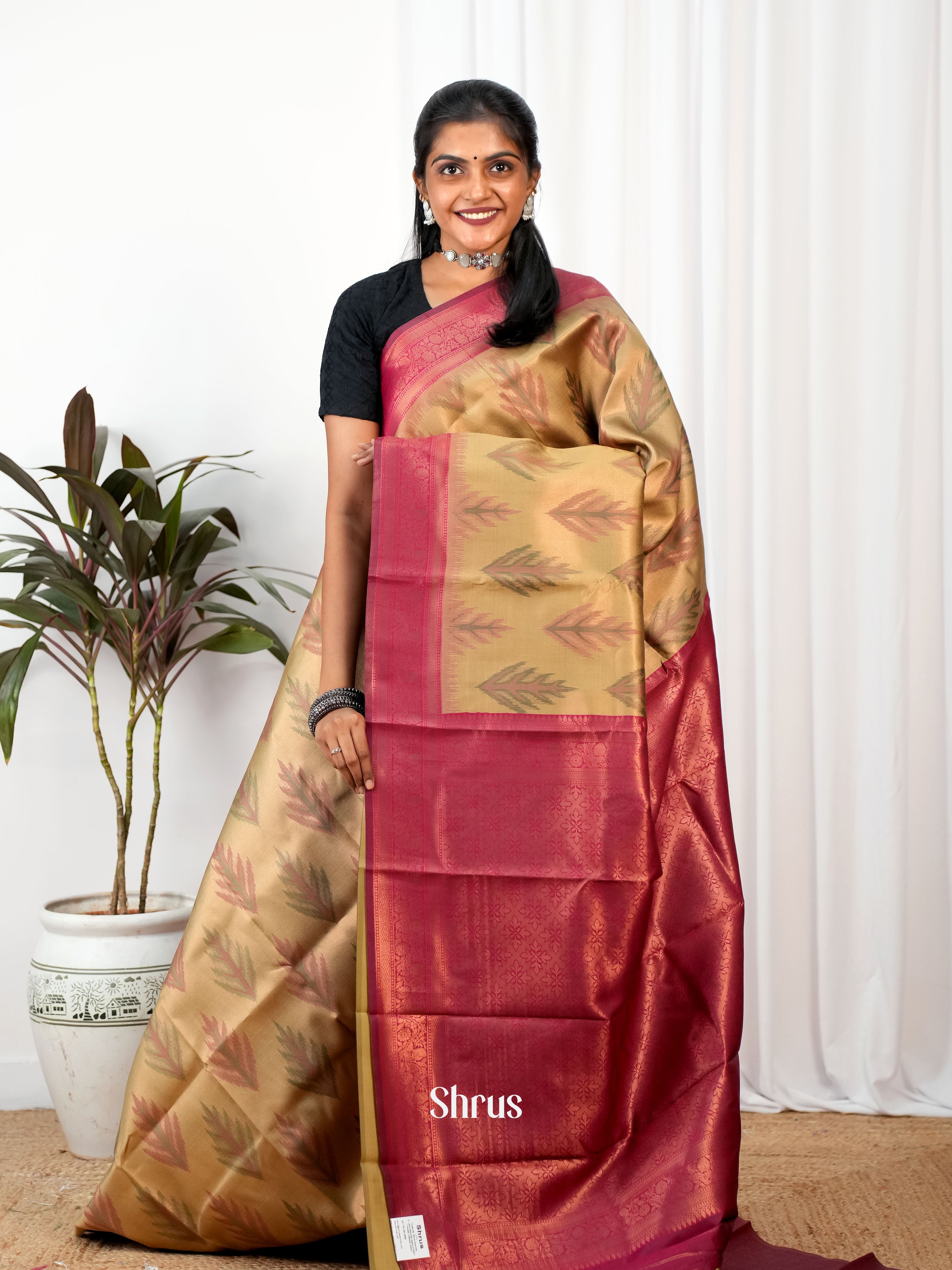 Beige & Maroon - Semi Arani Silk