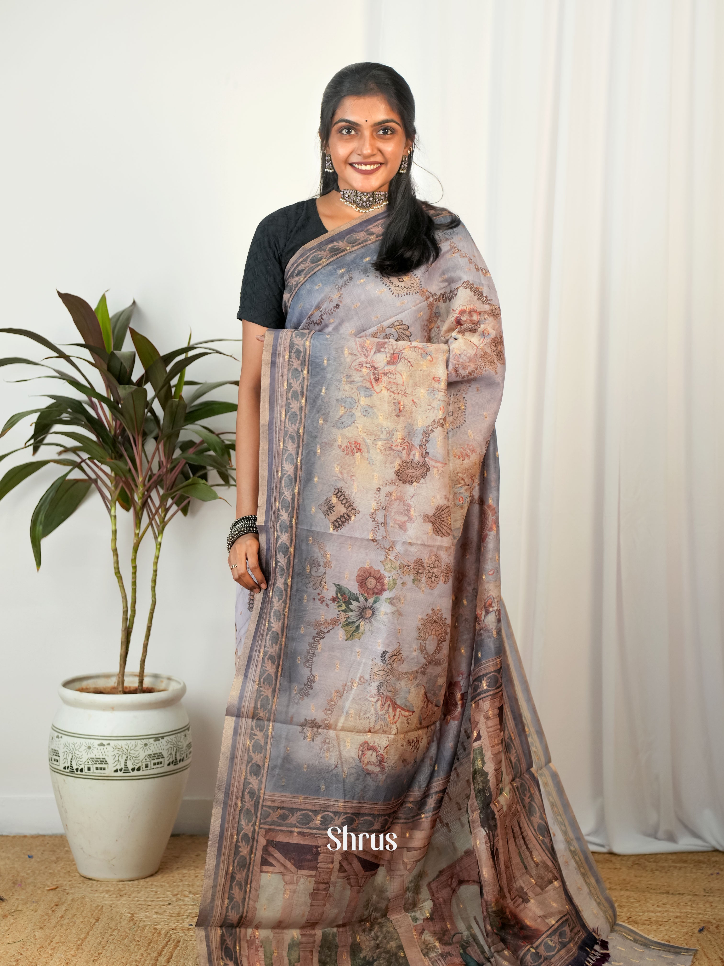 Grey - Semi Chanderi Saree