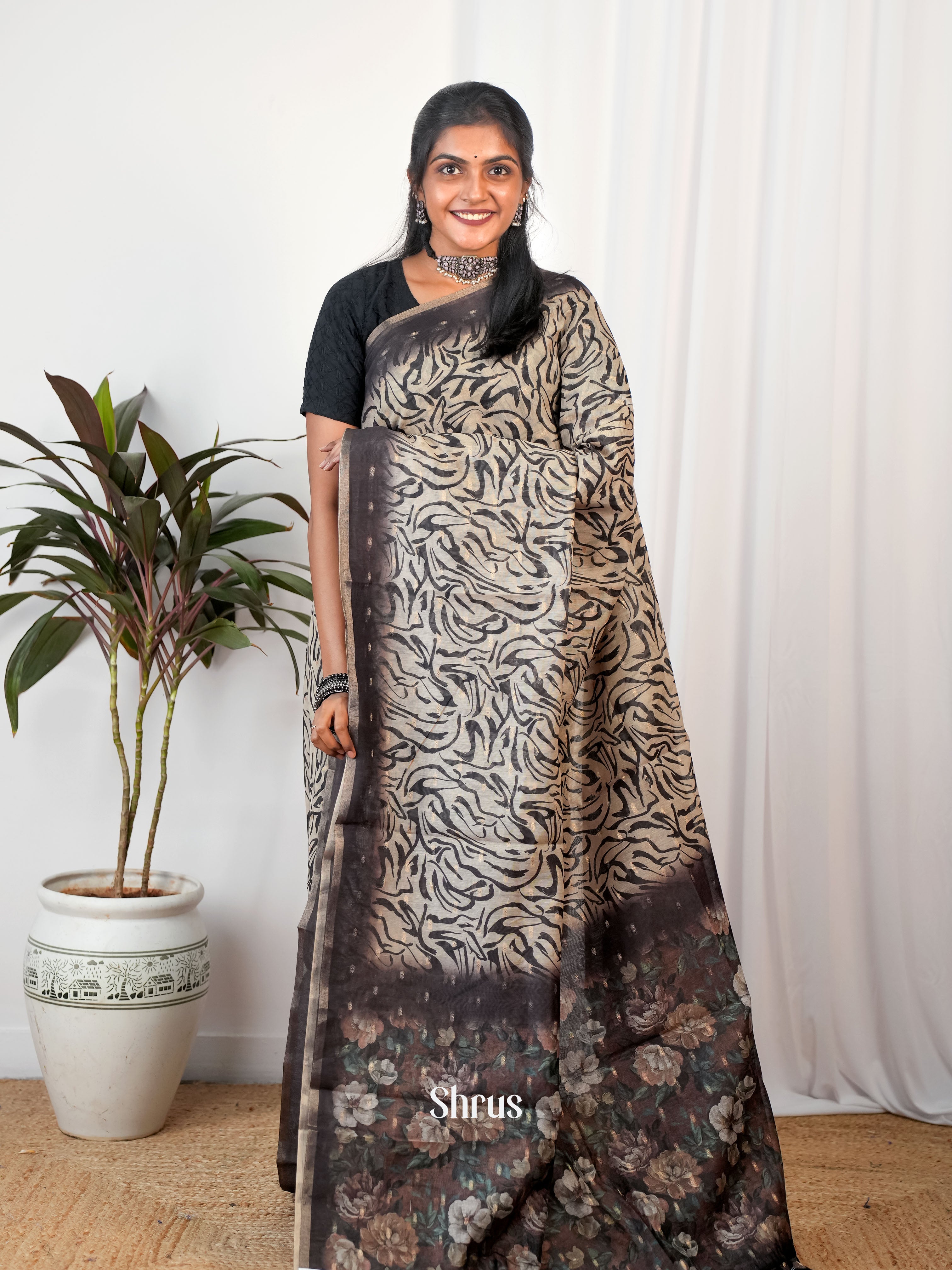 Cream& Black- Semi Chanderi Saree