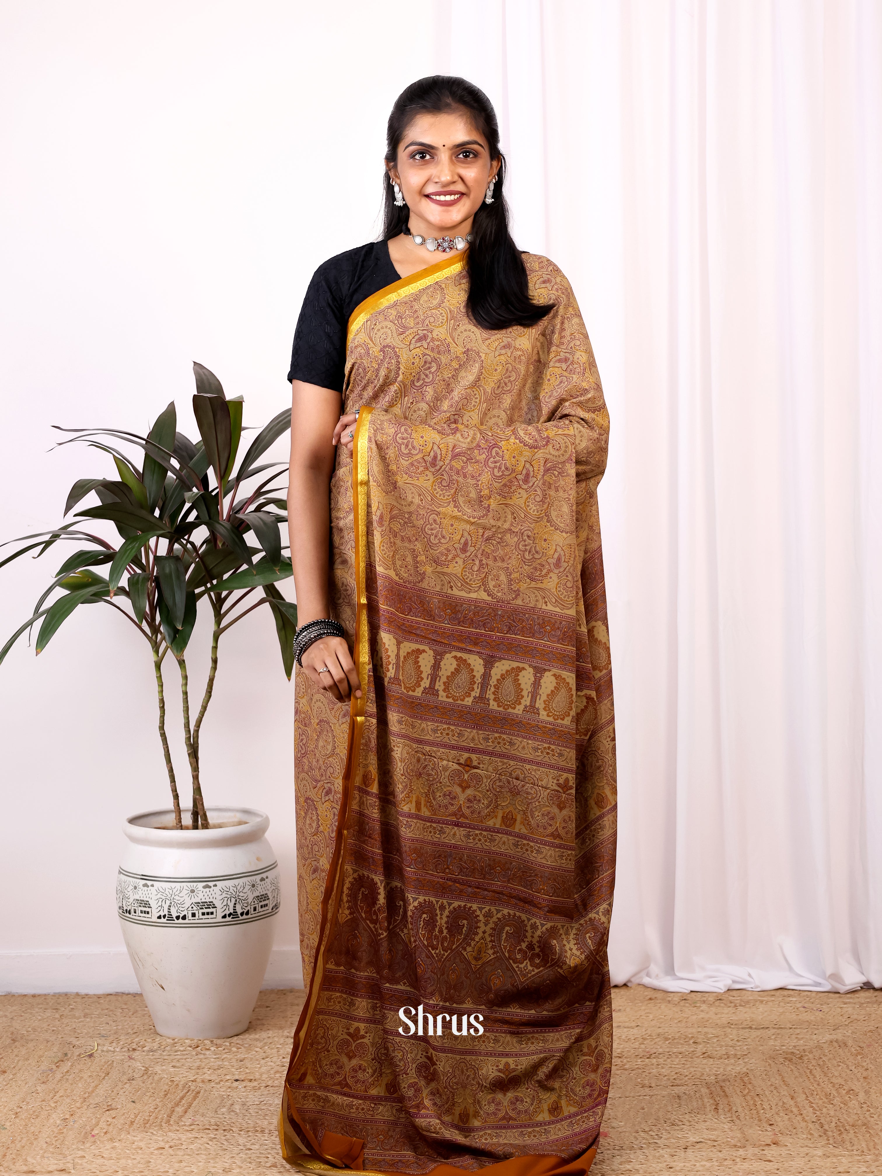 Beige - Semi Mysoresilk Saree