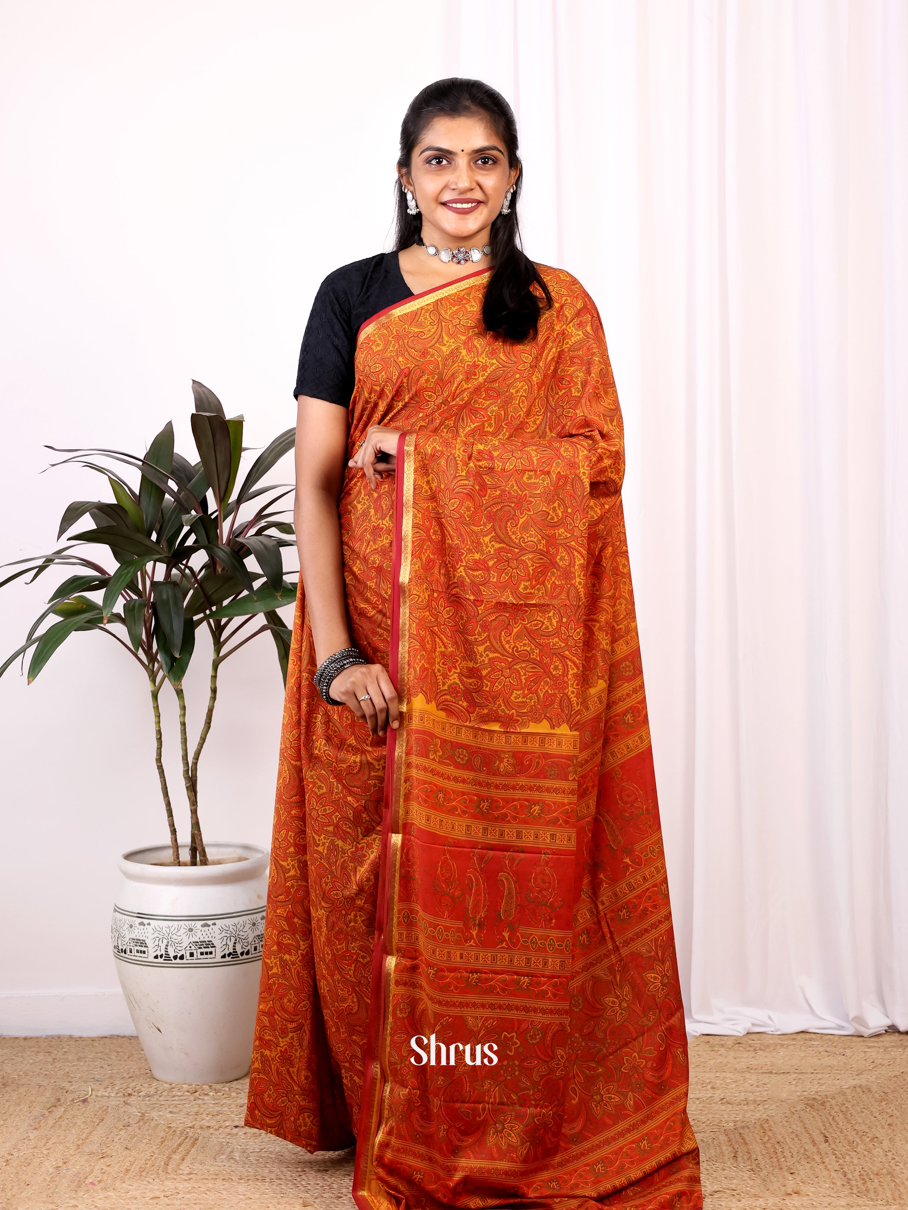 Orange - Semi Mysoresilk Saree