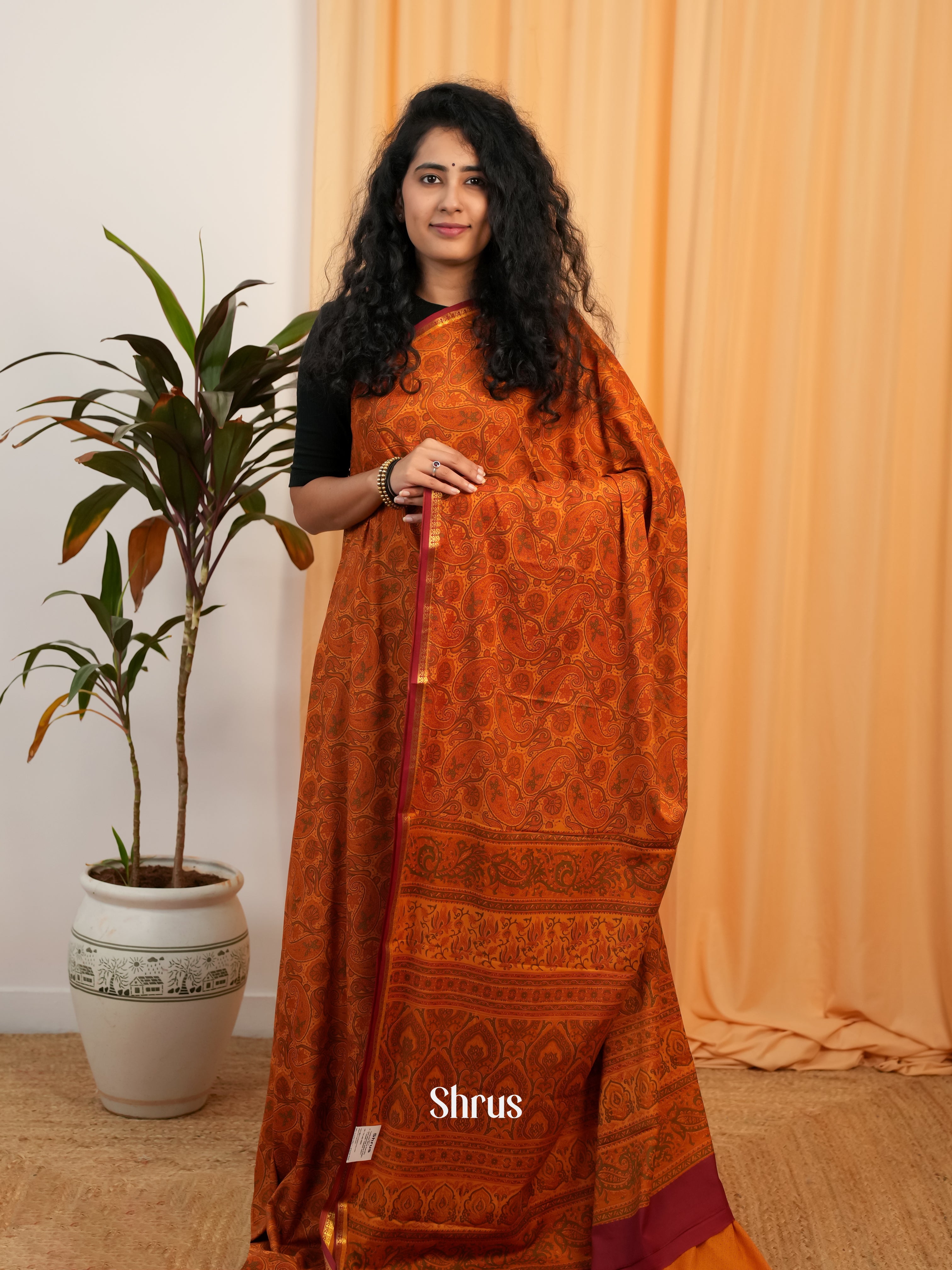 Orange  - Semi Mysoresilk Saree