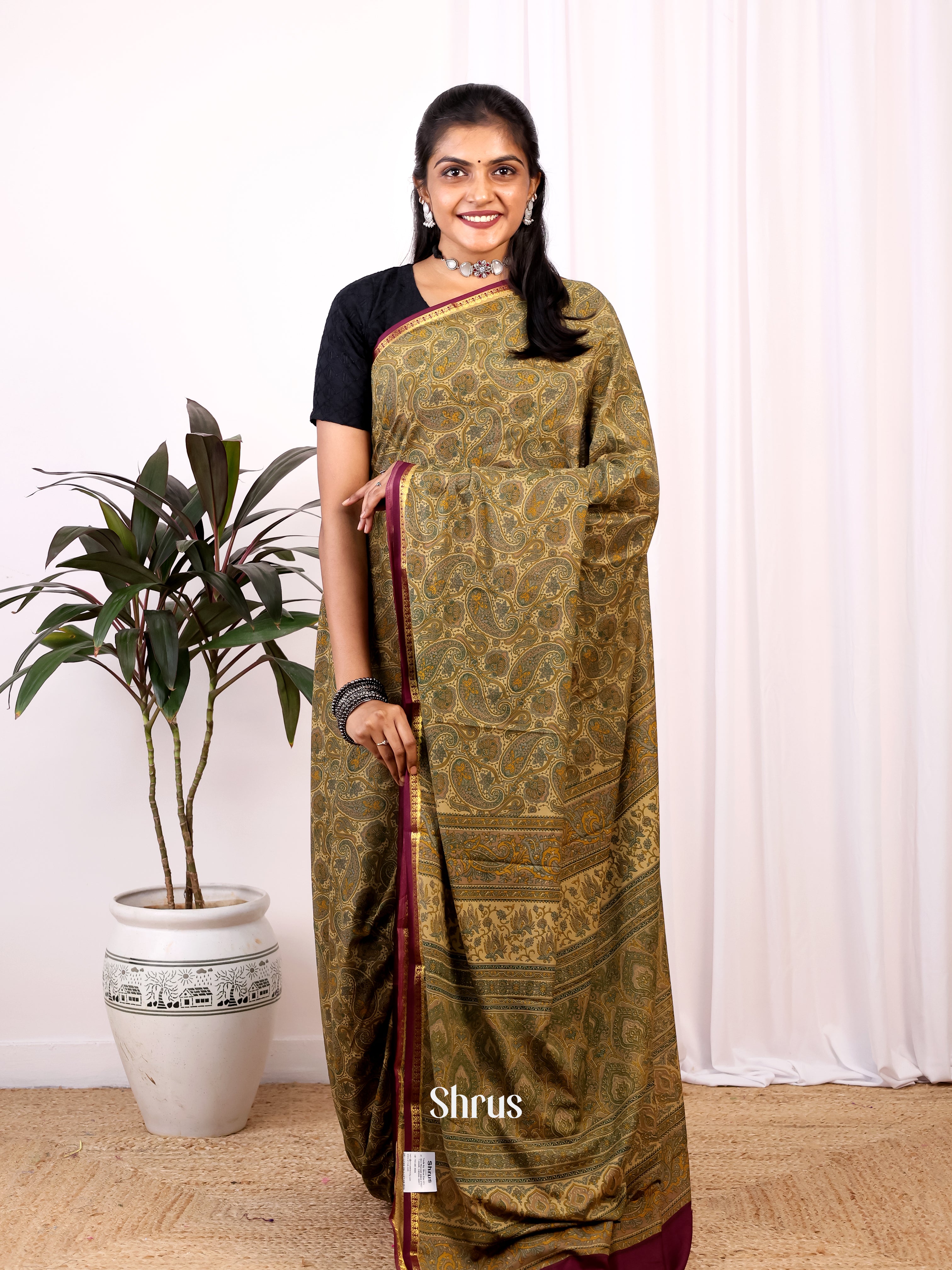 brown and maroon - Semi Mysoresilk Saree