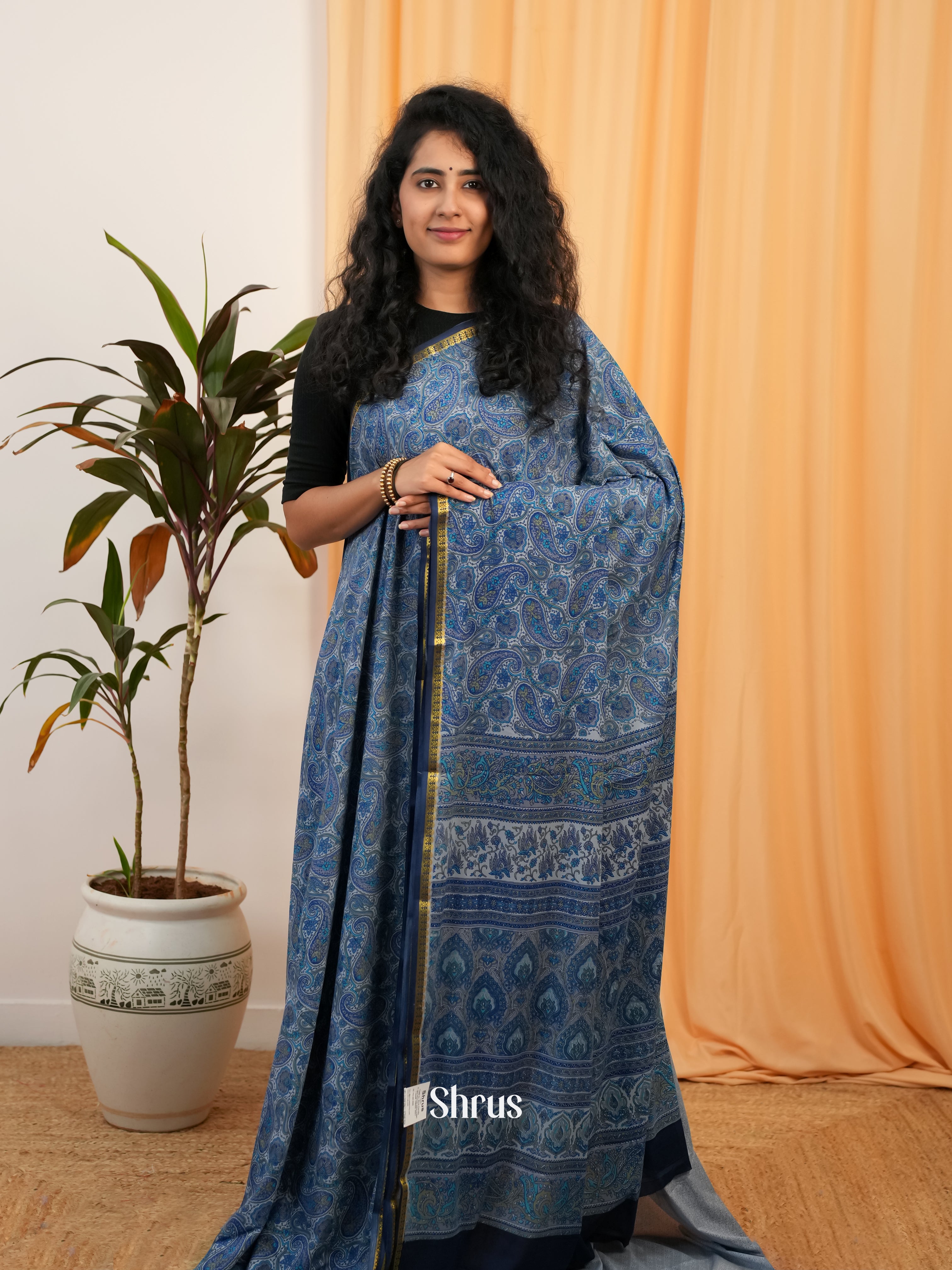 Blue & Grey - Semi Mysoresilk Saree