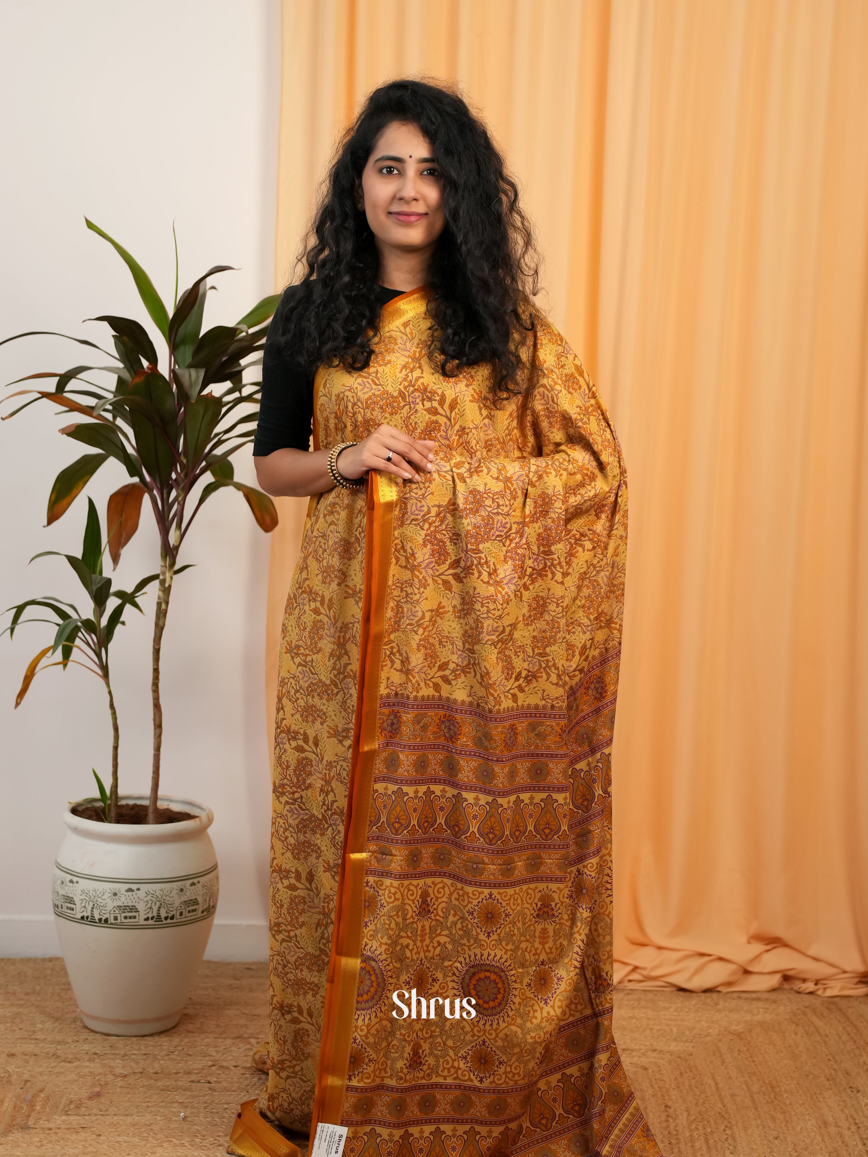 Mustard & Brown - Semi Mysoresilk Saree