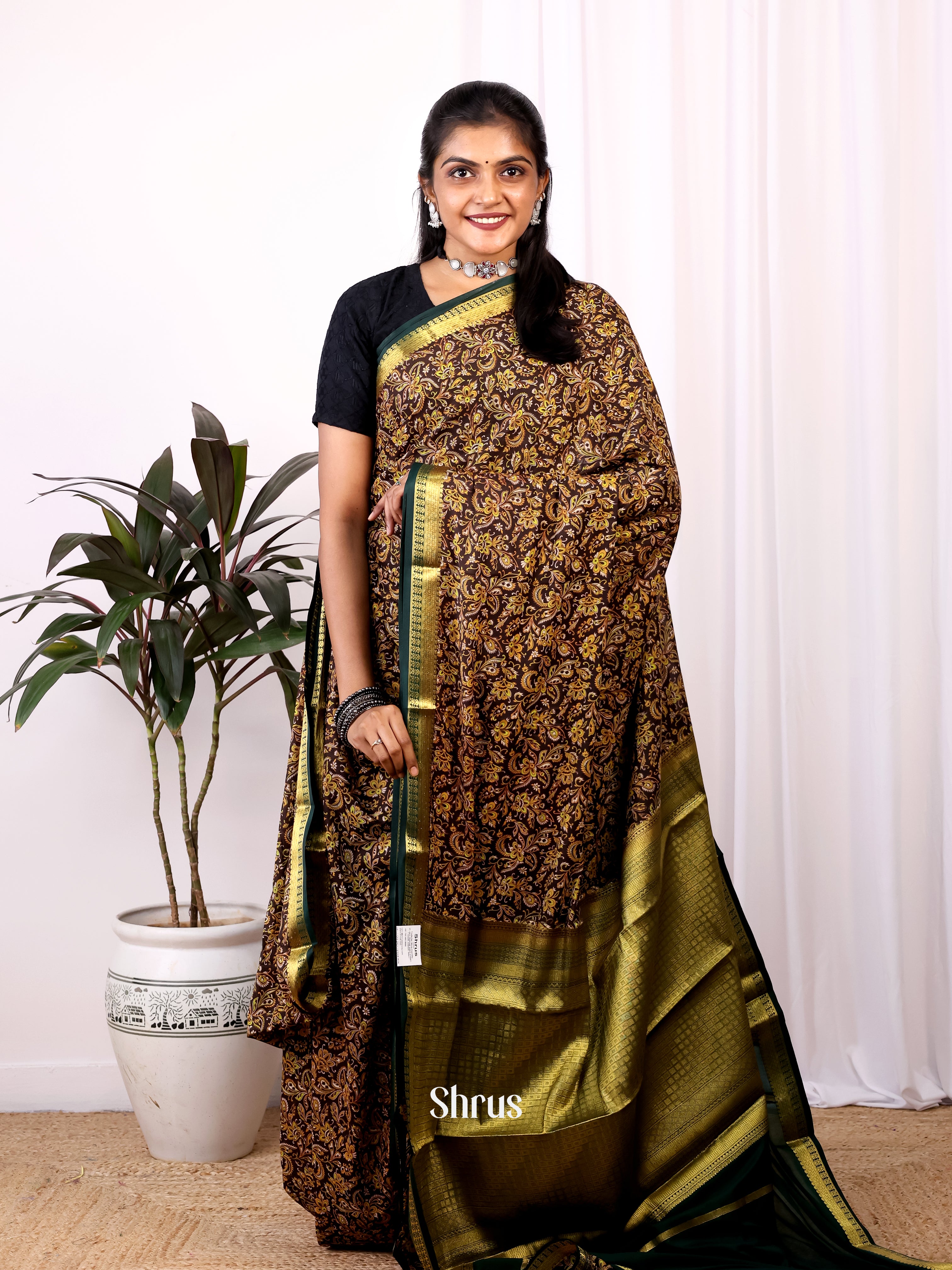 Brown & Green - Semi Mysoresilk Saree