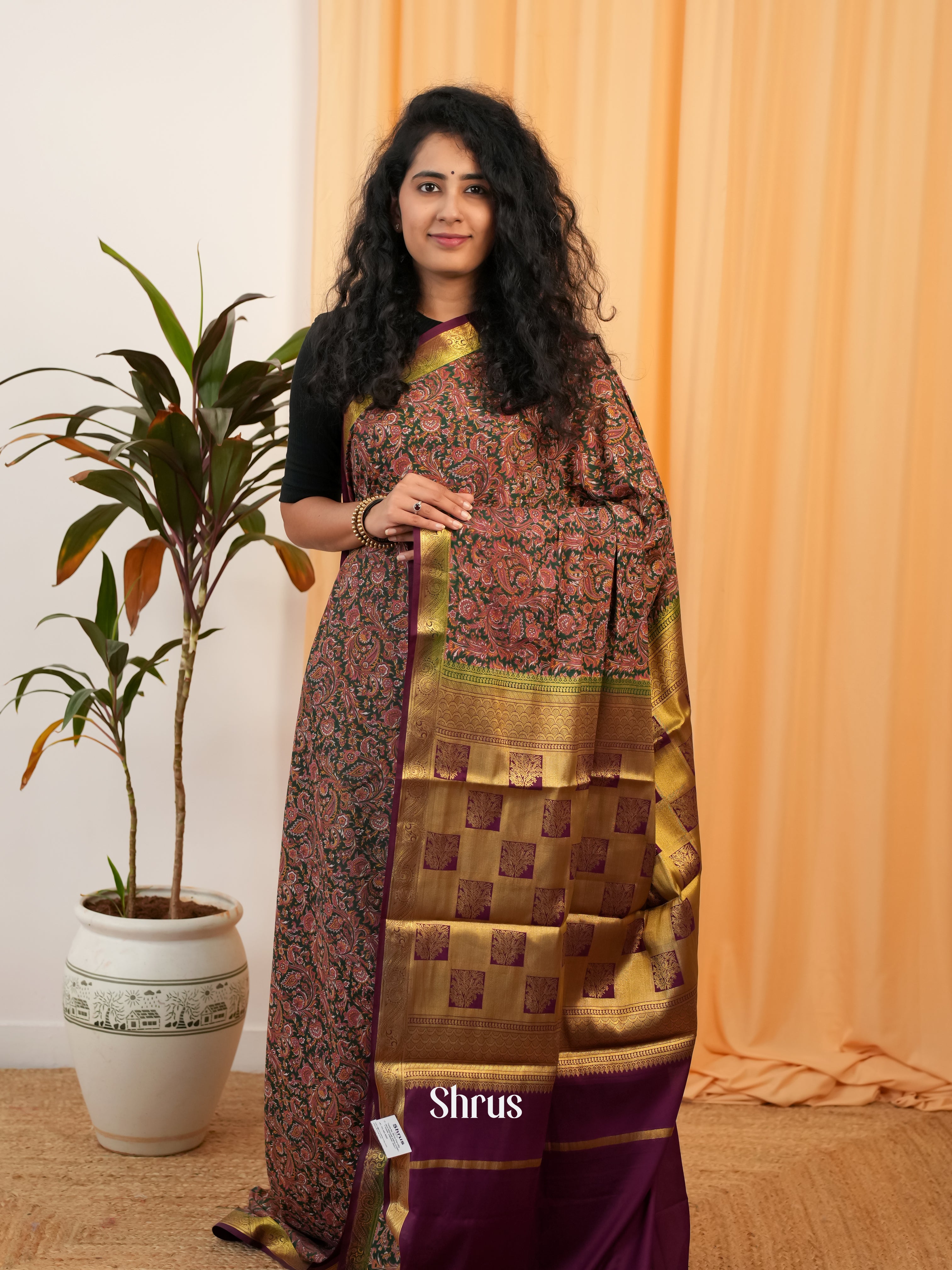 Green & Wine - Semi Mysoresilk Saree