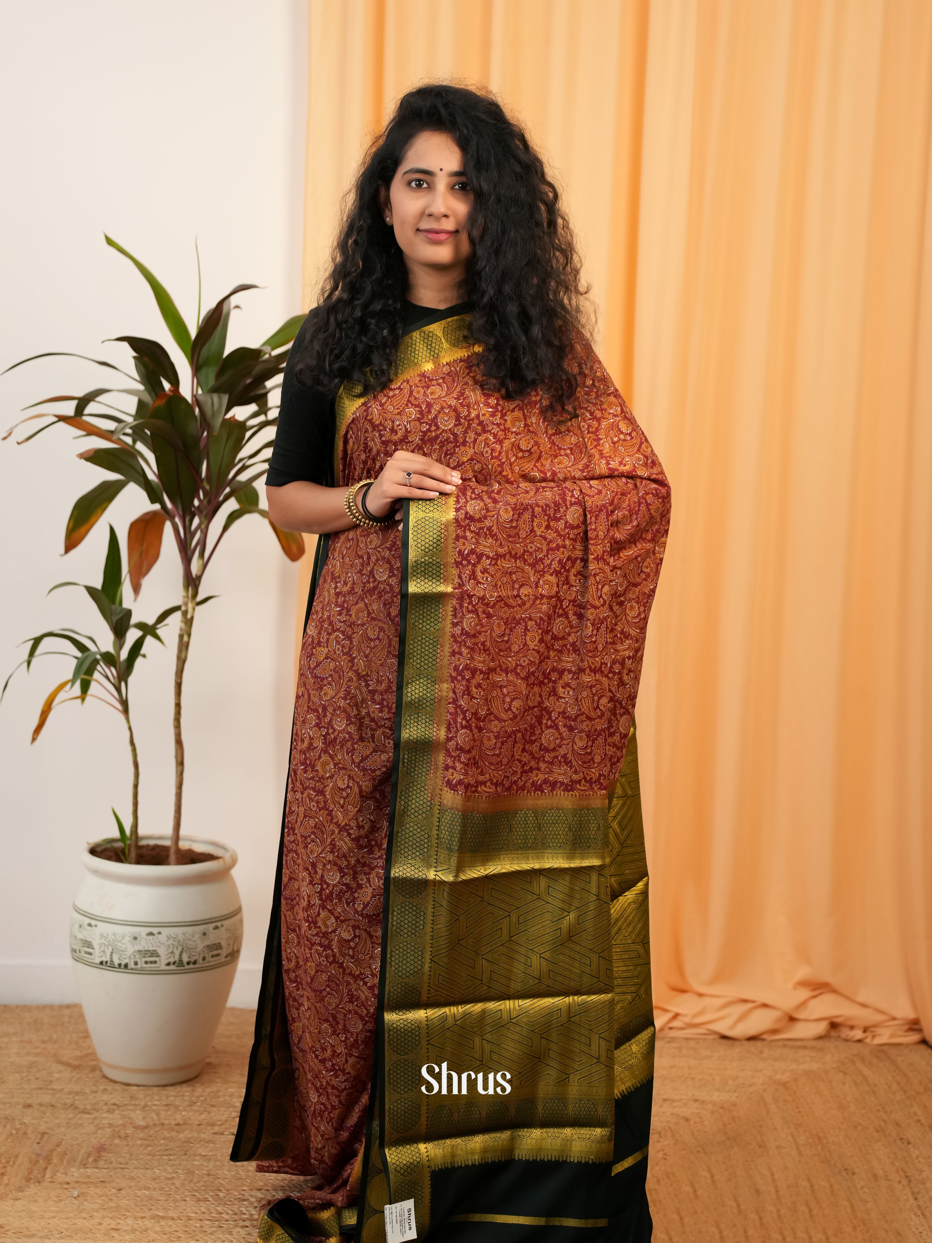 Maroon & Green - Semi Mysoresilk Saree