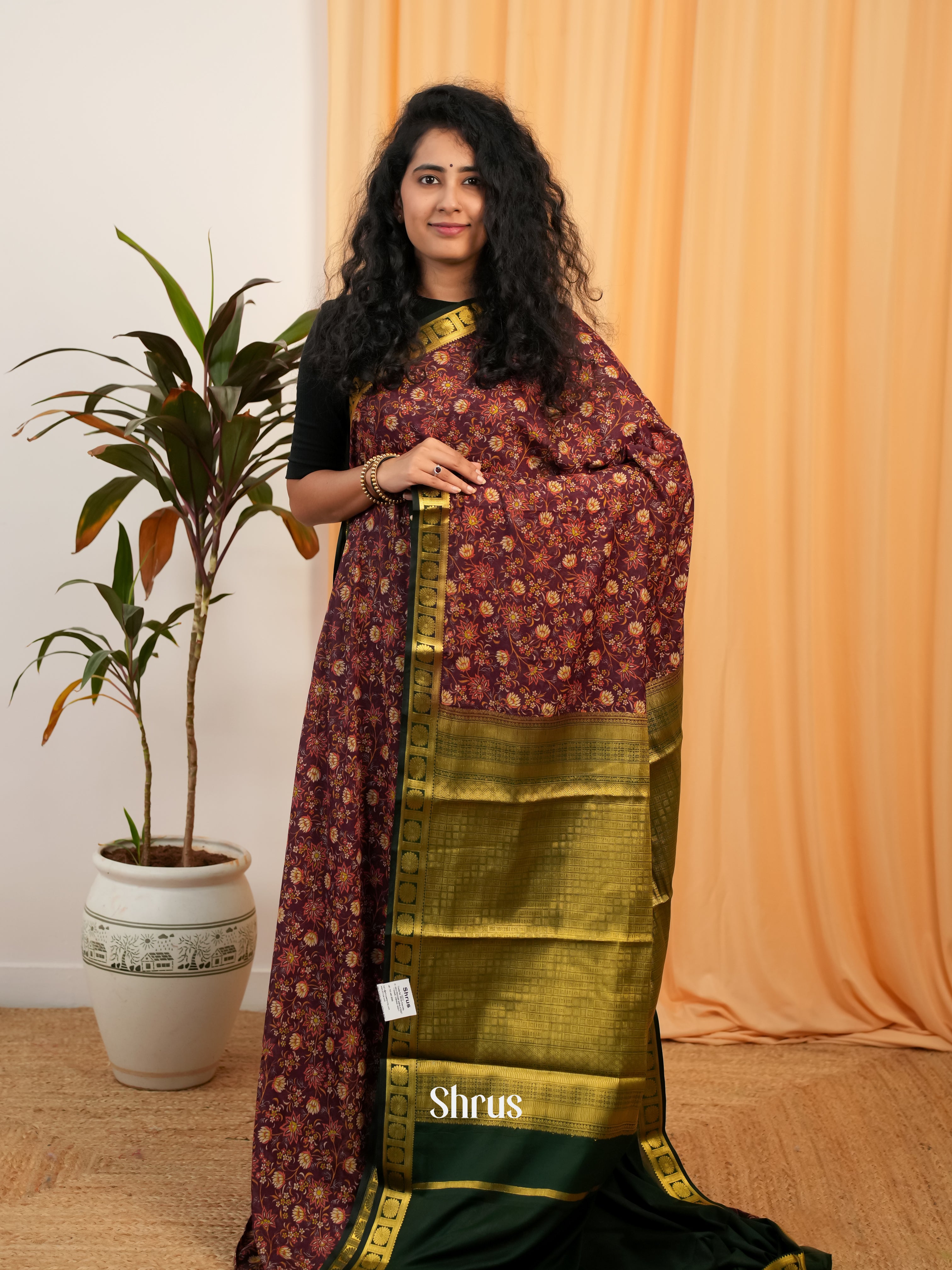 Brown & Green- Semi Mysoresilk Saree