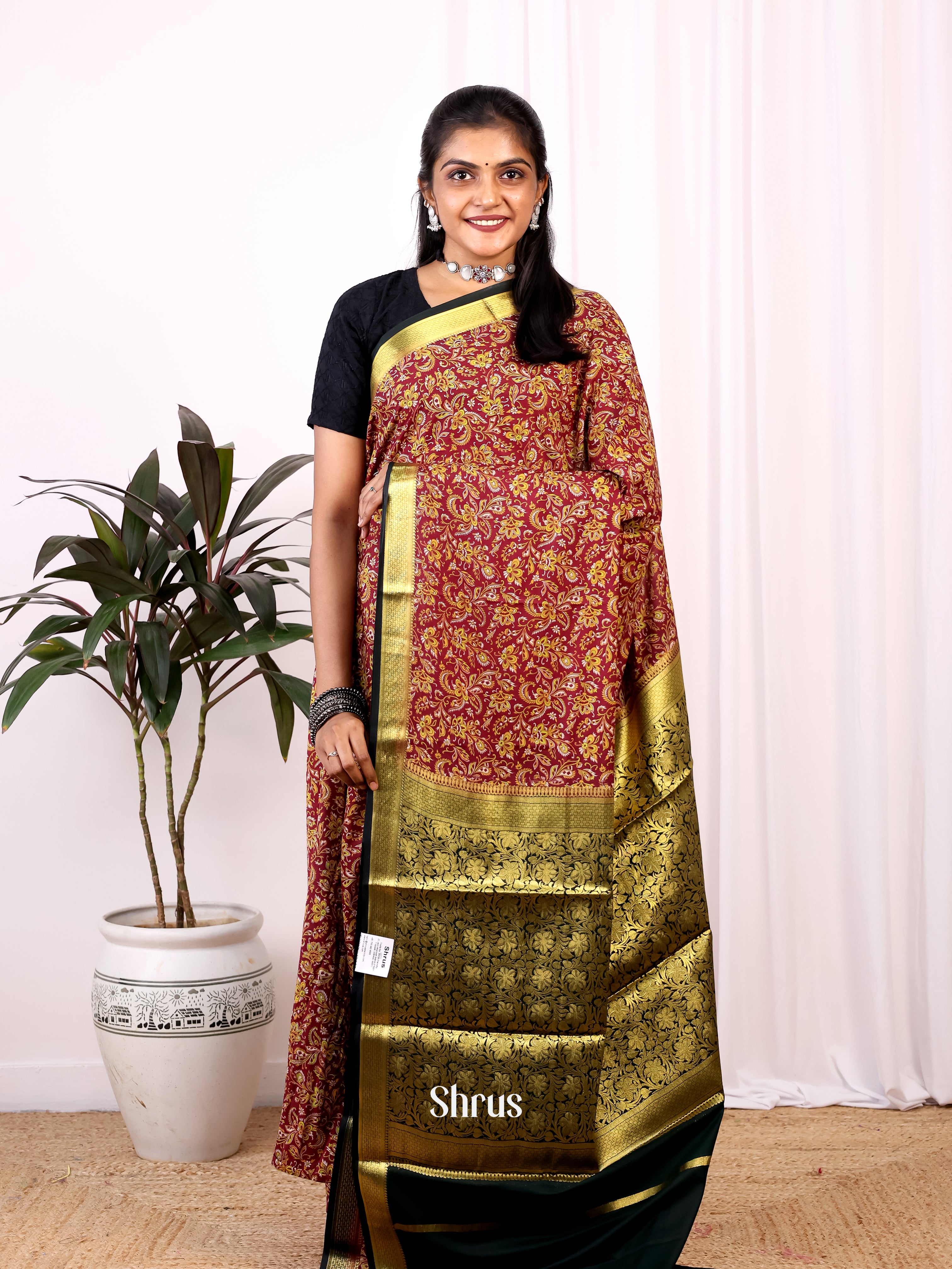 Maroon & Green - Semi Mysoresilk Saree