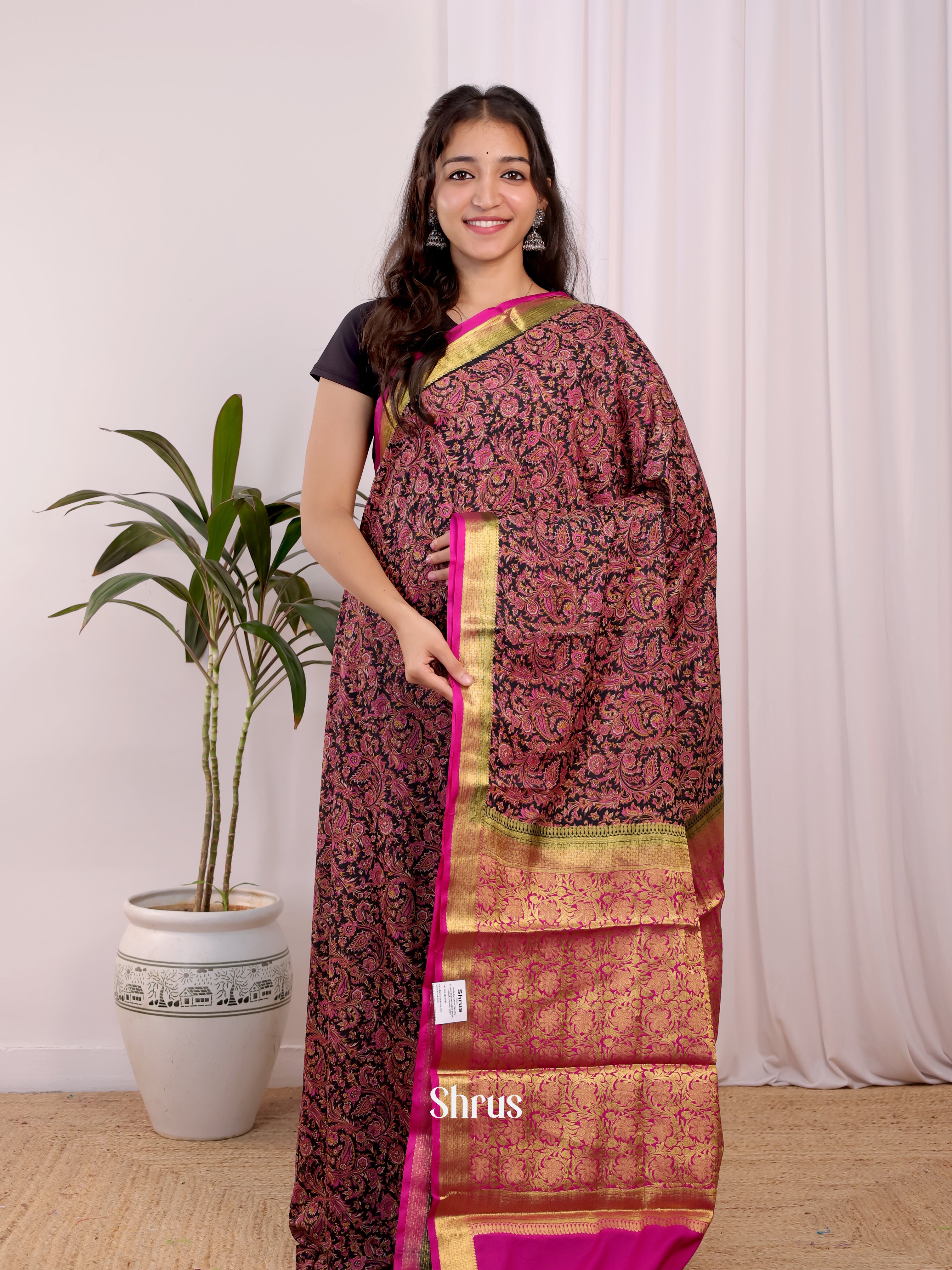 Black & Pink- Semi Mysoresilk Saree