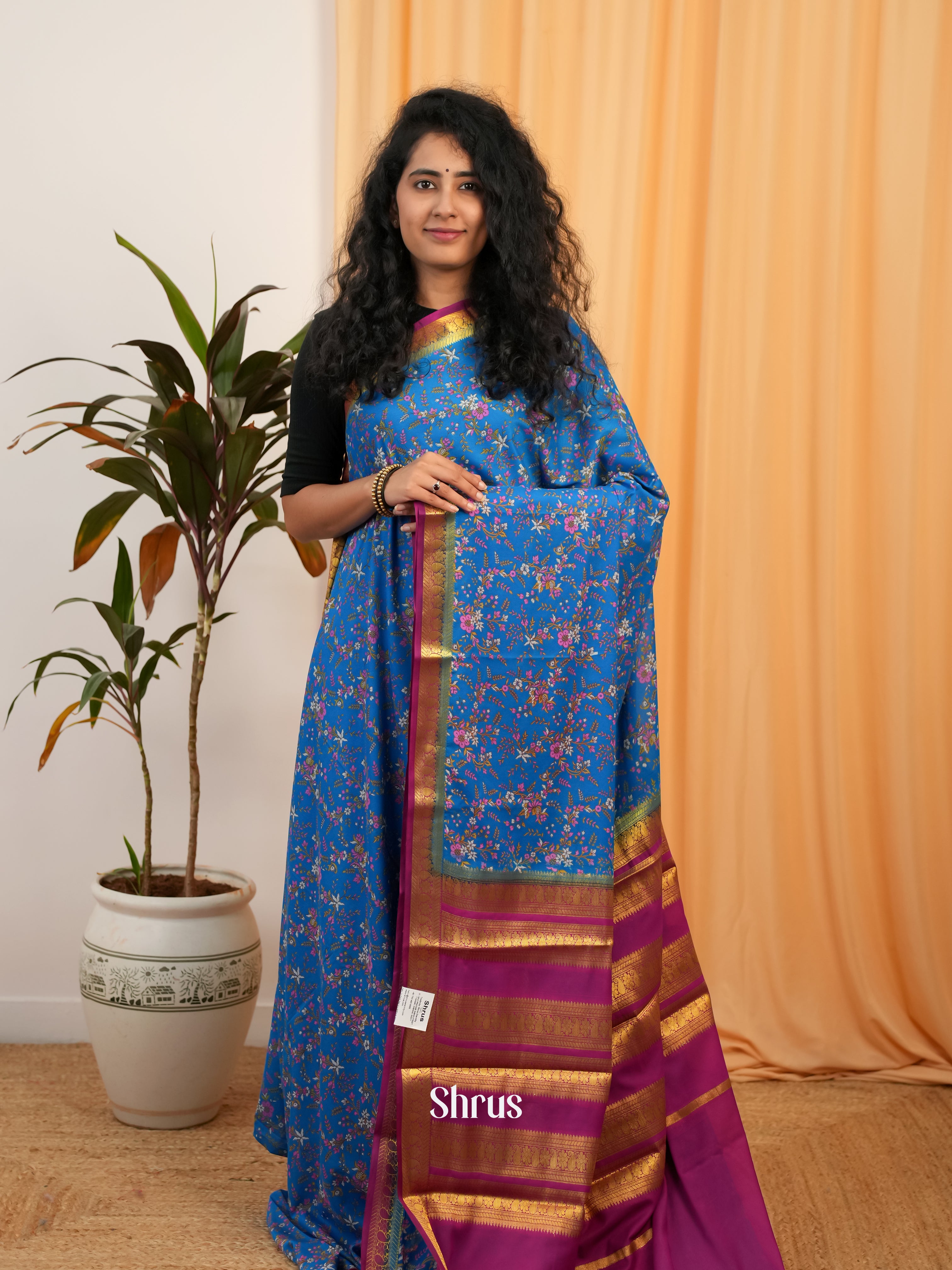 Blue & Purple - Semi Mysoresilk Saree