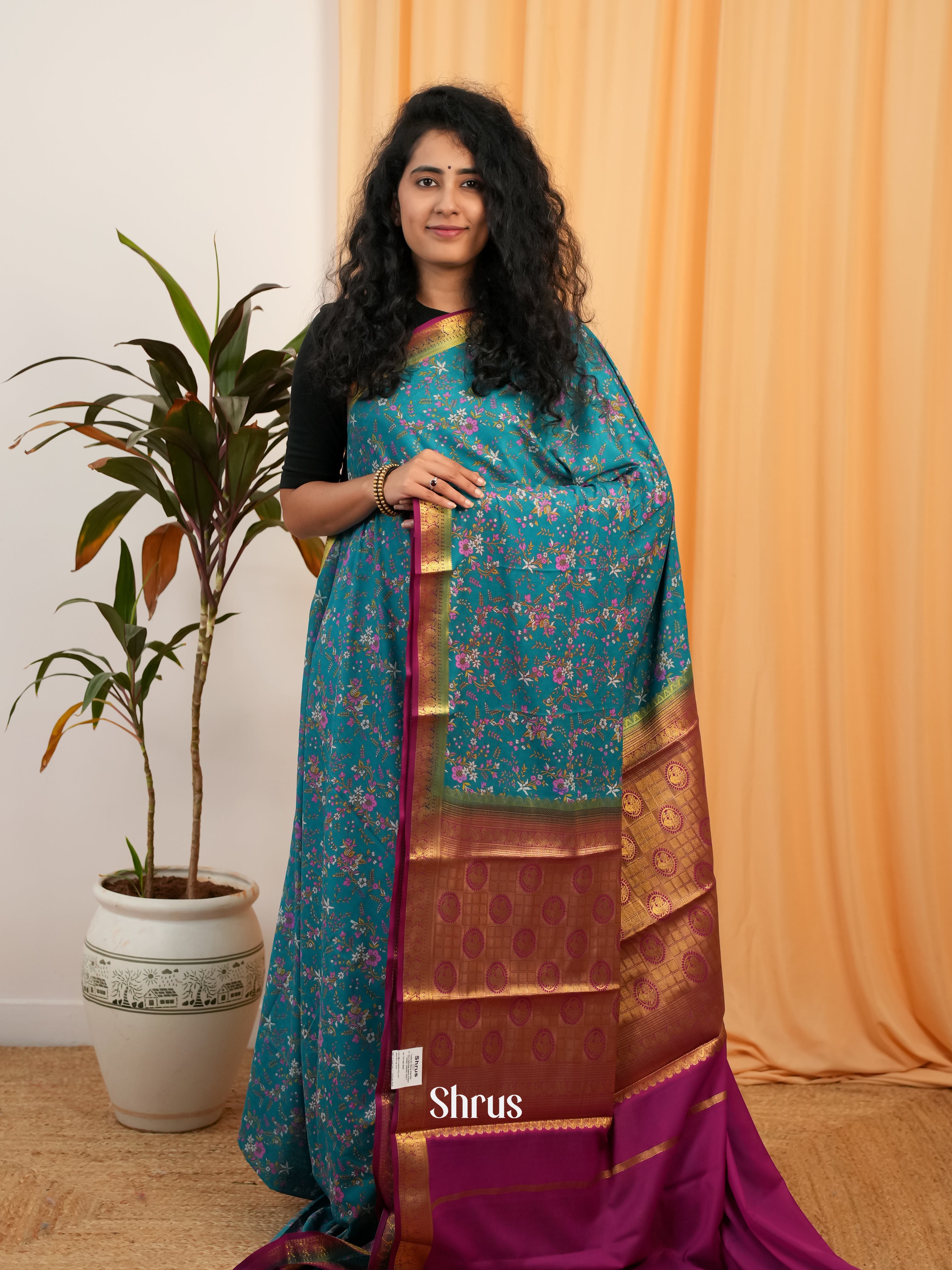 Teal & Purple - Semi Mysoresilk Saree